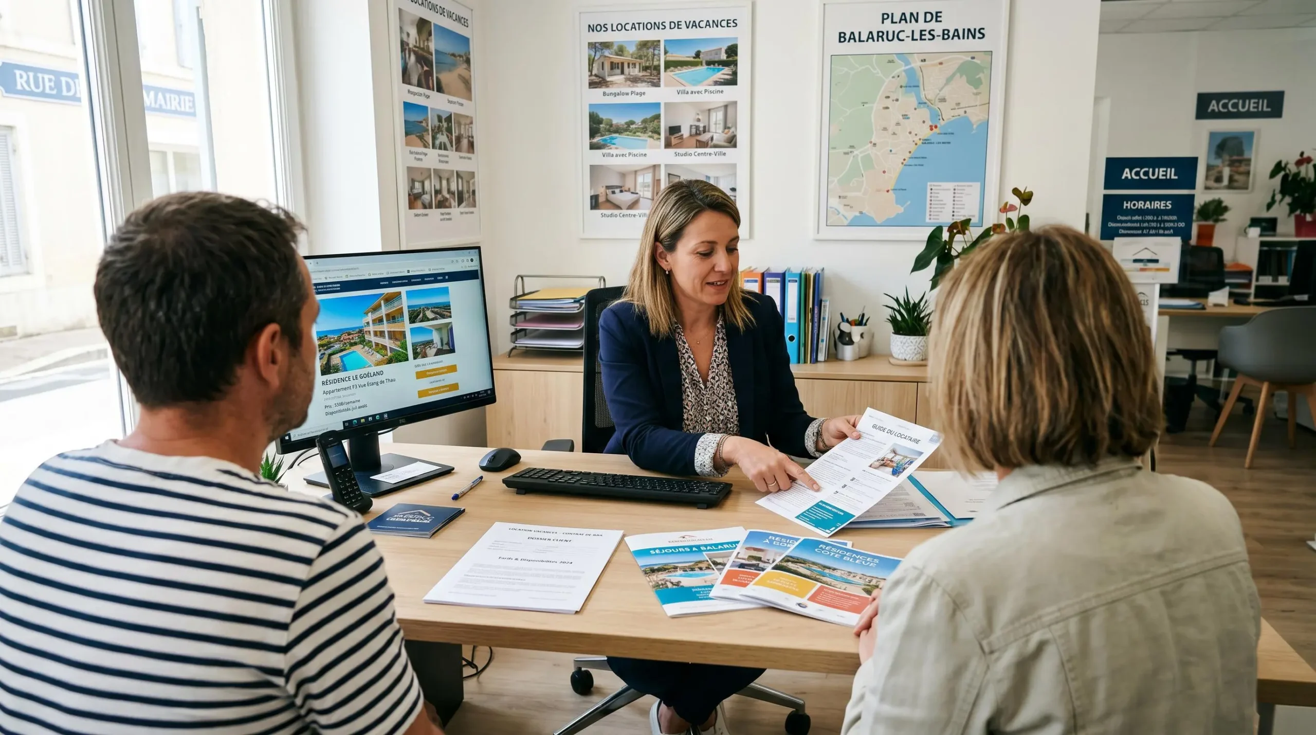 Conseillère immobilière dans une agence à Balaruc-les-Bains présentant des documents de location saisonnière à un couple de clients, bureau contemporain avec écran et brochures