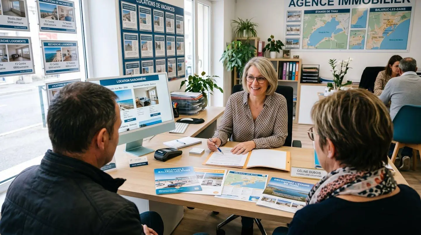 Conseillère immobilière dans une agence à Balaruc-les-Bains présentant des documents de location saisonnière à un couple de clients, bureau contemporain avec écran et brochures