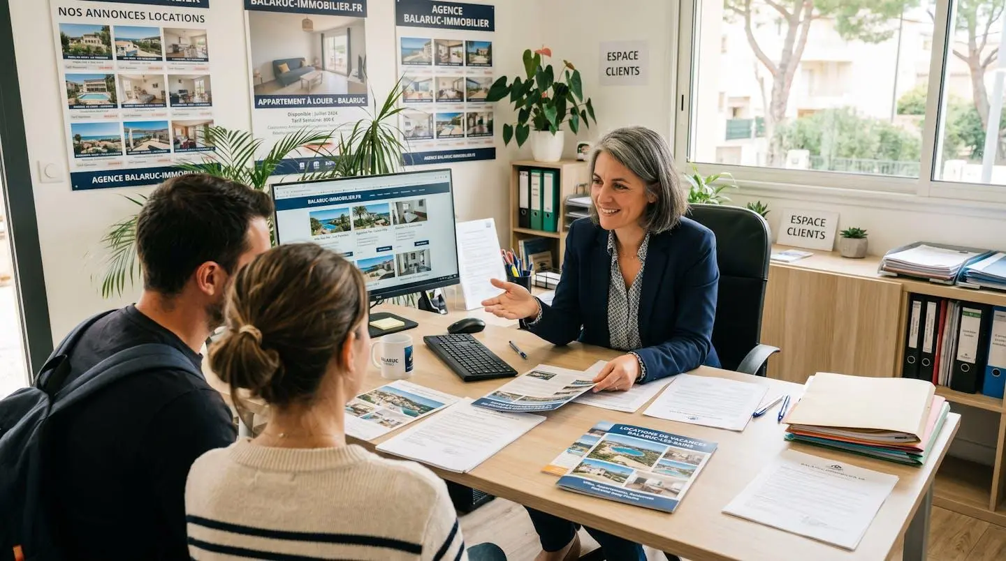 Conseillère immobilière dans une agence à Balaruc-les-Bains présentant des documents de location saisonnière à un couple de clients, bureau contemporain avec écran et brochures