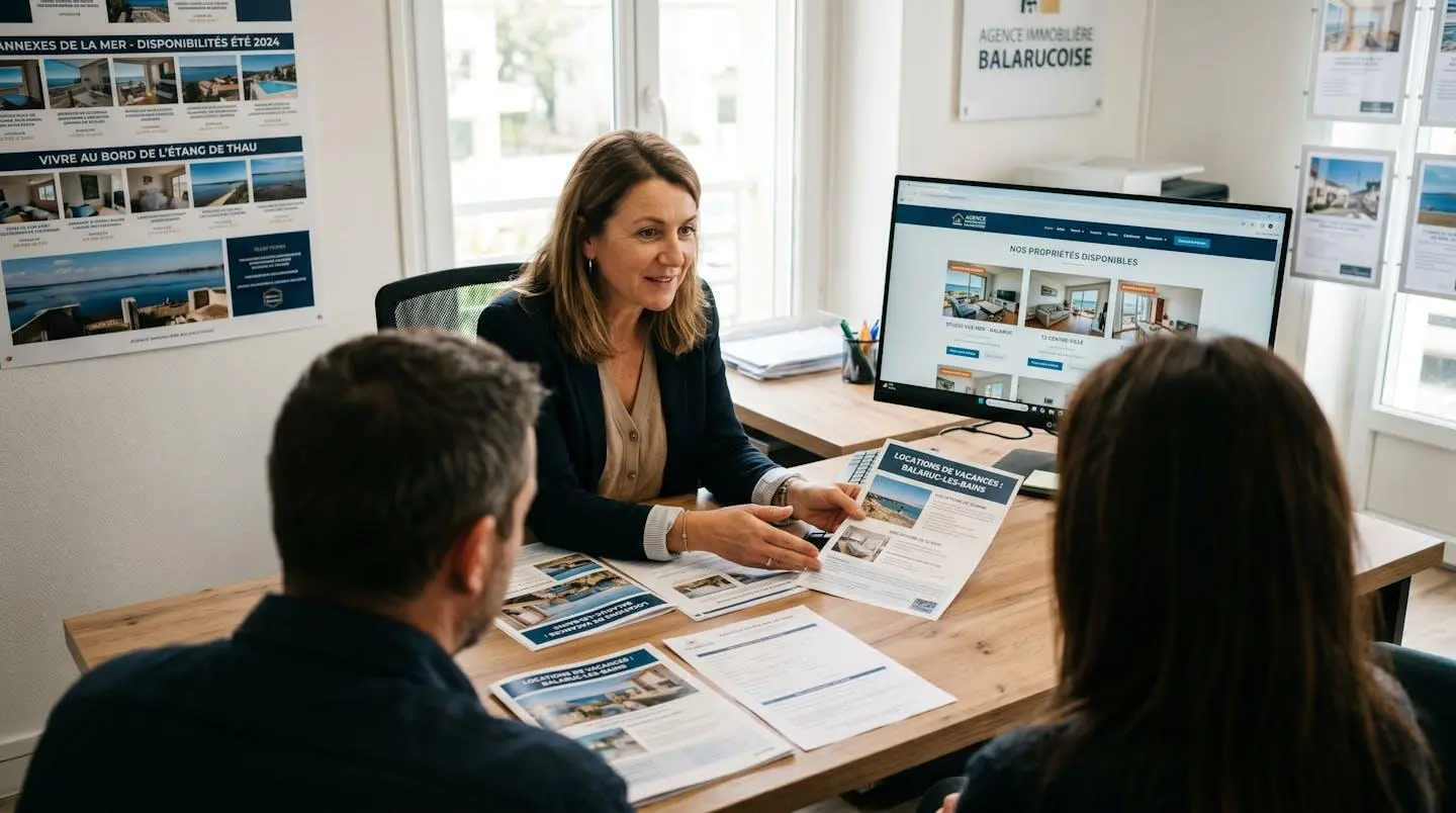Conseillère immobilière dans une agence à Balaruc-les-Bains présentant des documents de location saisonnière à un couple de clients, bureau contemporain avec écran et brochures