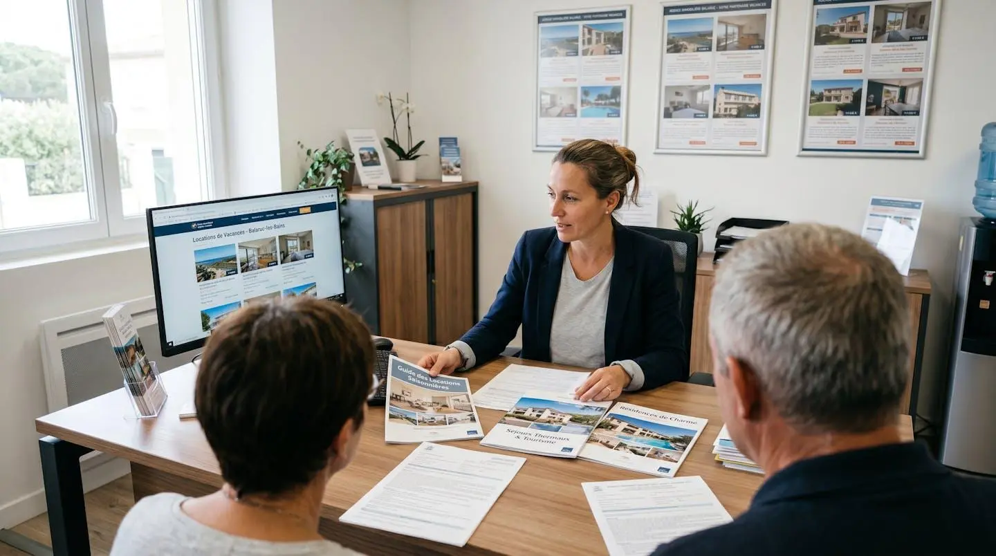 Conseillère immobilière dans une agence à Balaruc-les-Bains présentant des documents de location saisonnière à un couple de clients, bureau contemporain avec écran et brochures