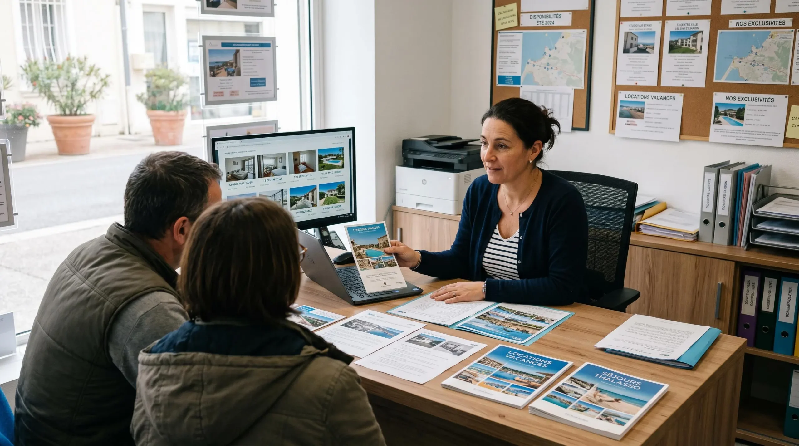 Conseillère immobilière dans une agence à Balaruc-les-Bains présentant des documents de location saisonnière à un couple de clients, bureau contemporain avec écran et brochures