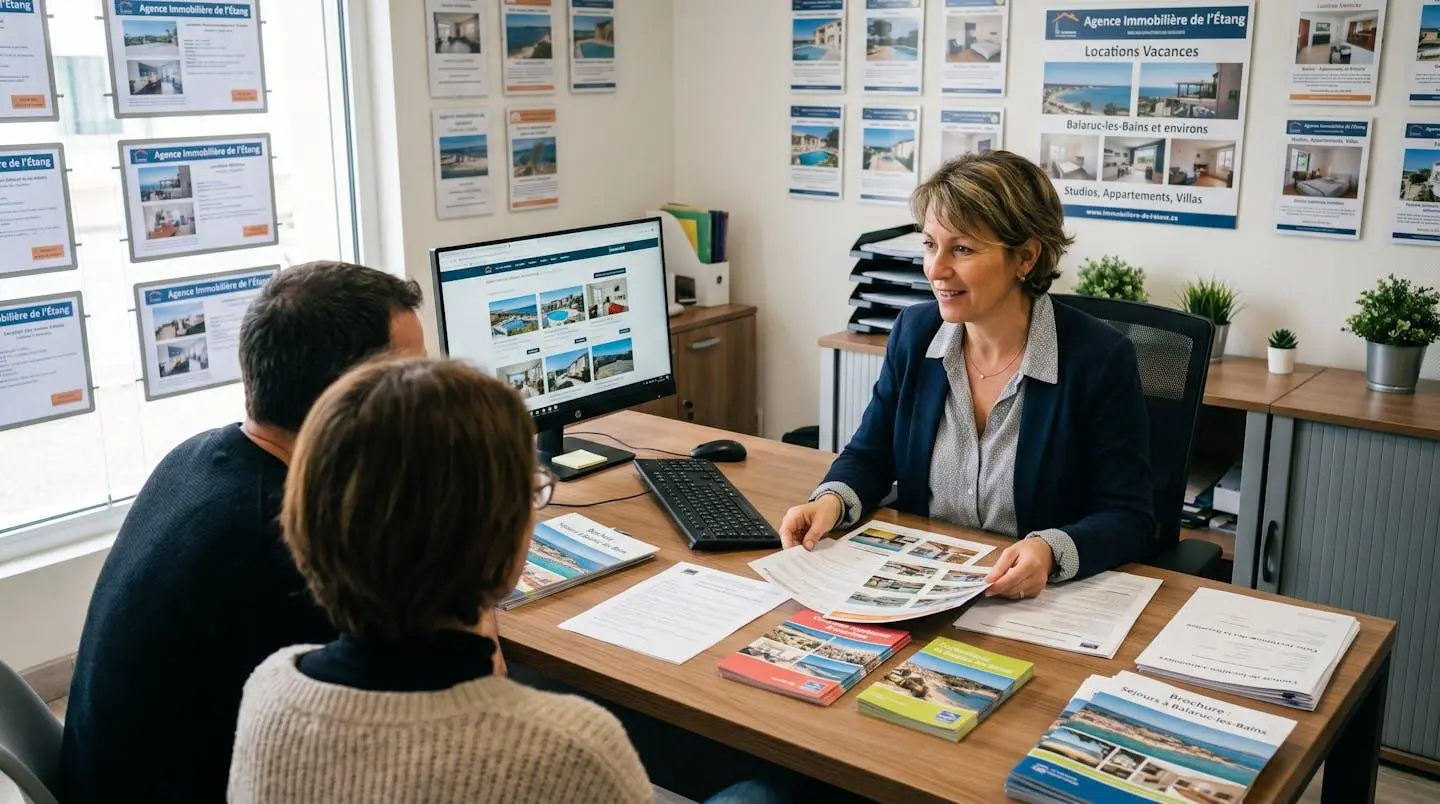 Conseillère immobilière dans une agence à Balaruc-les-Bains présentant des documents de location saisonnière à un couple de clients, bureau contemporain avec écran et brochures
