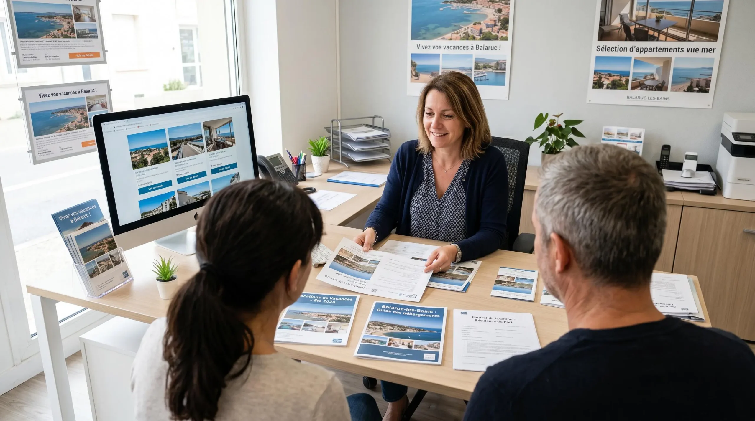 Conseillère immobilière dans une agence à Balaruc-les-Bains présentant des documents de location saisonnière à un couple de clients, bureau contemporain avec écran et brochures