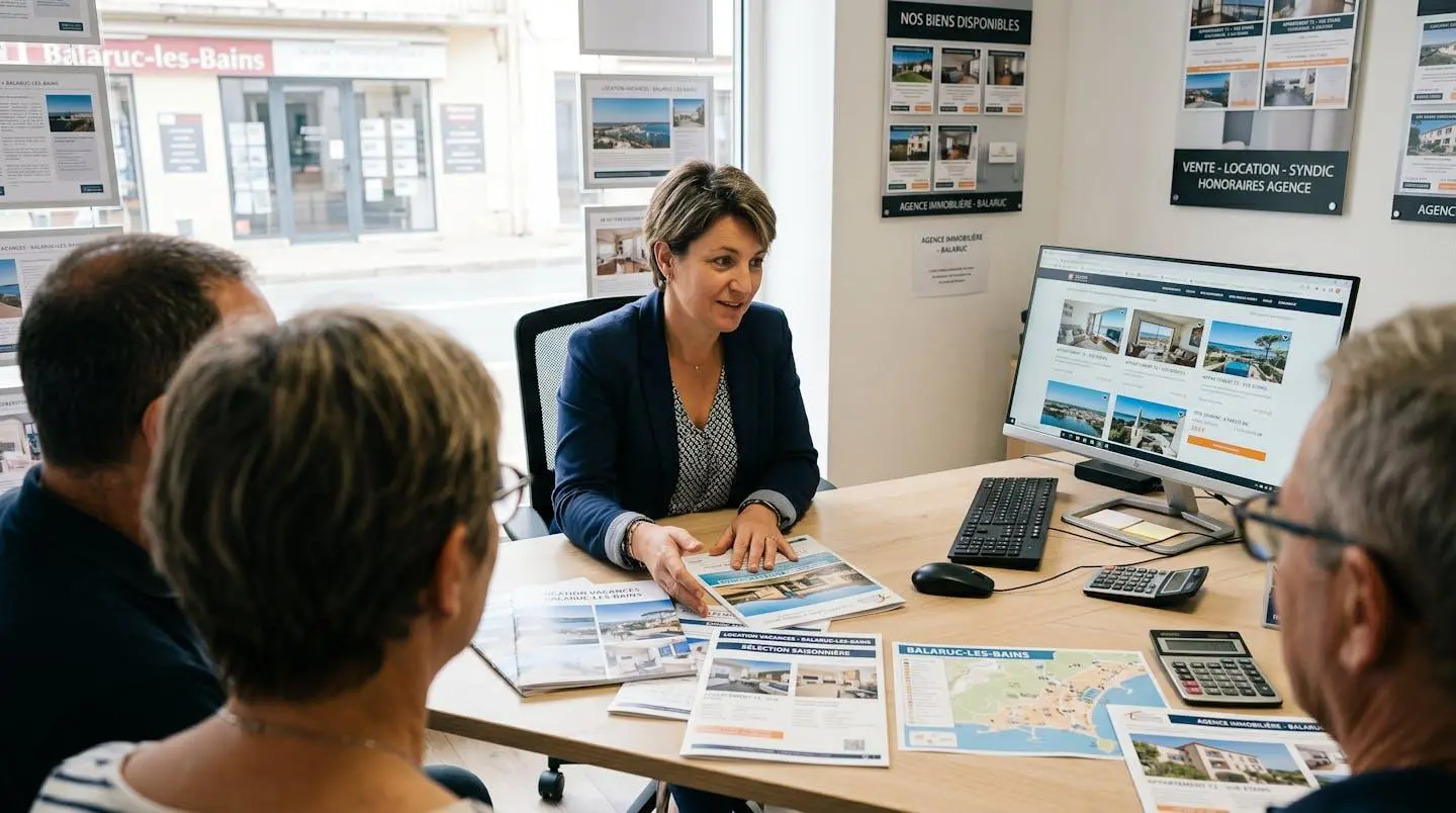 Conseillère immobilière dans une agence à Balaruc-les-Bains présentant des documents de location saisonnière à un couple de clients, bureau contemporain avec écran et brochures