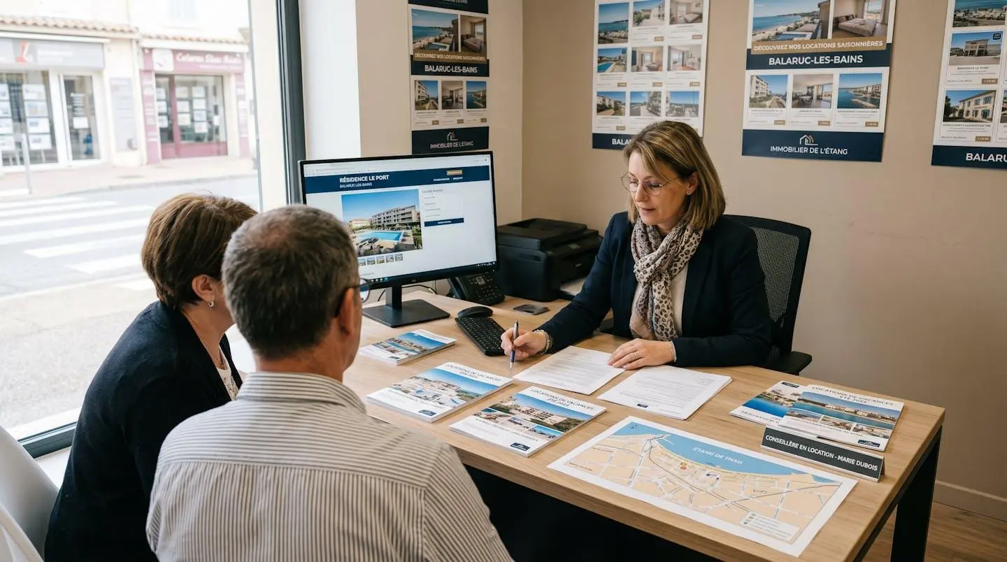 Conseillère immobilière dans une agence à Balaruc-les-Bains présentant des documents de location saisonnière à un couple de clients, bureau contemporain avec écran et brochures