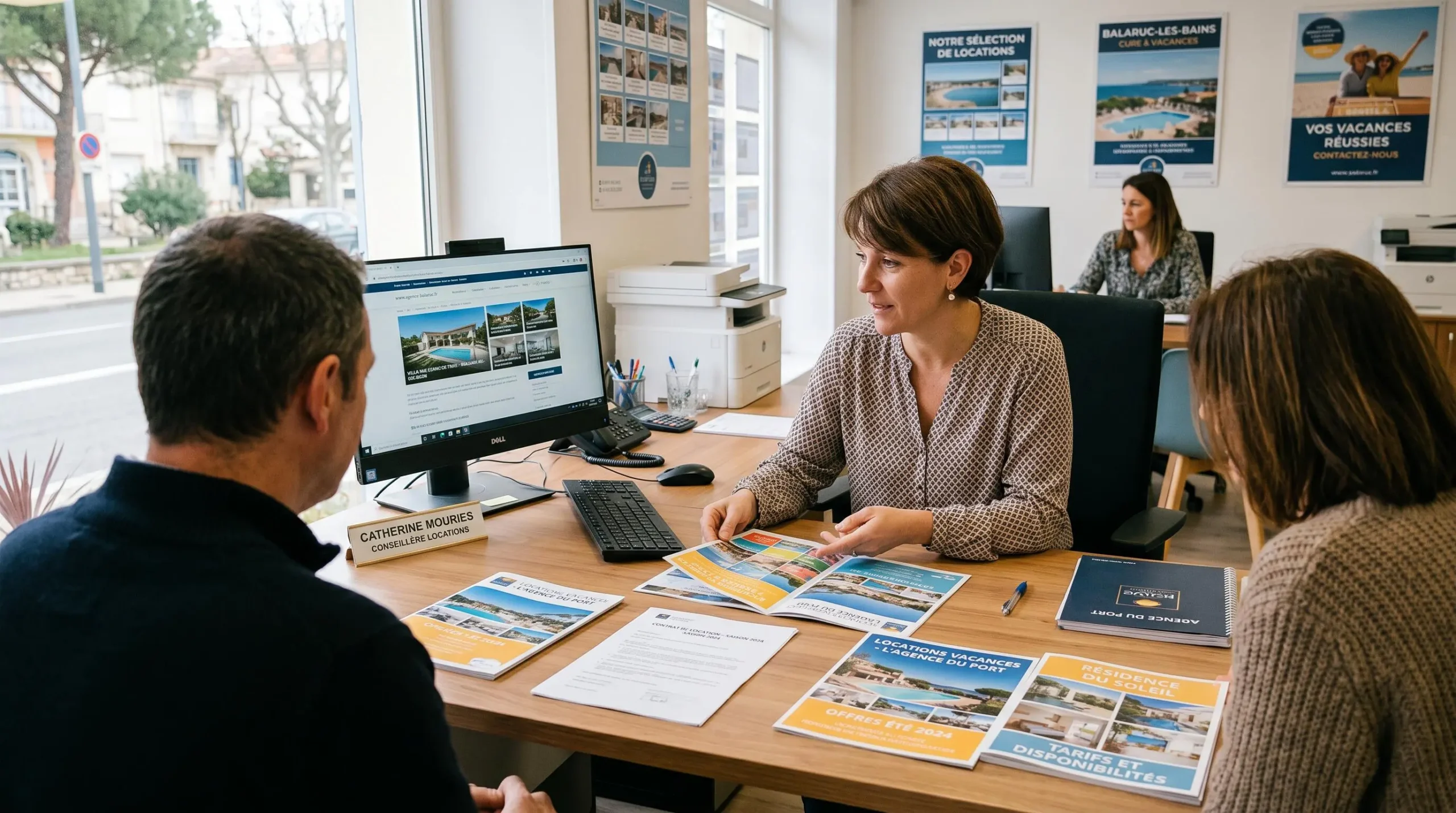 Conseillère immobilière dans une agence à Balaruc-les-Bains présentant des documents de location saisonnière à un couple de clients, bureau contemporain avec écran et brochures