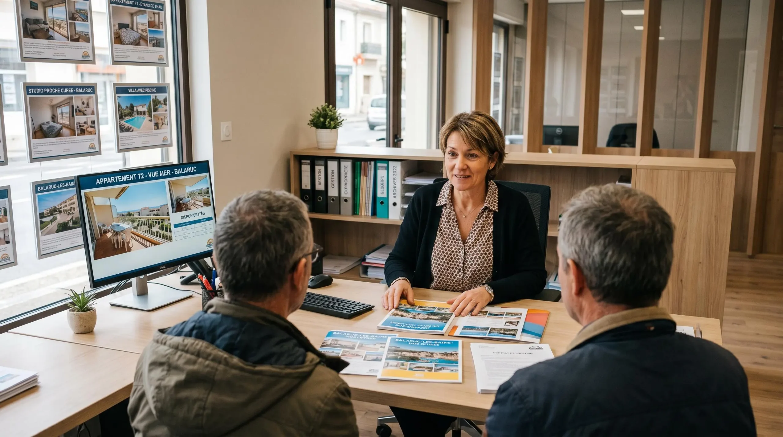 Conseillère immobilière dans une agence à Balaruc-les-Bains présentant des documents de location saisonnière à un couple de clients, bureau contemporain avec écran et brochures