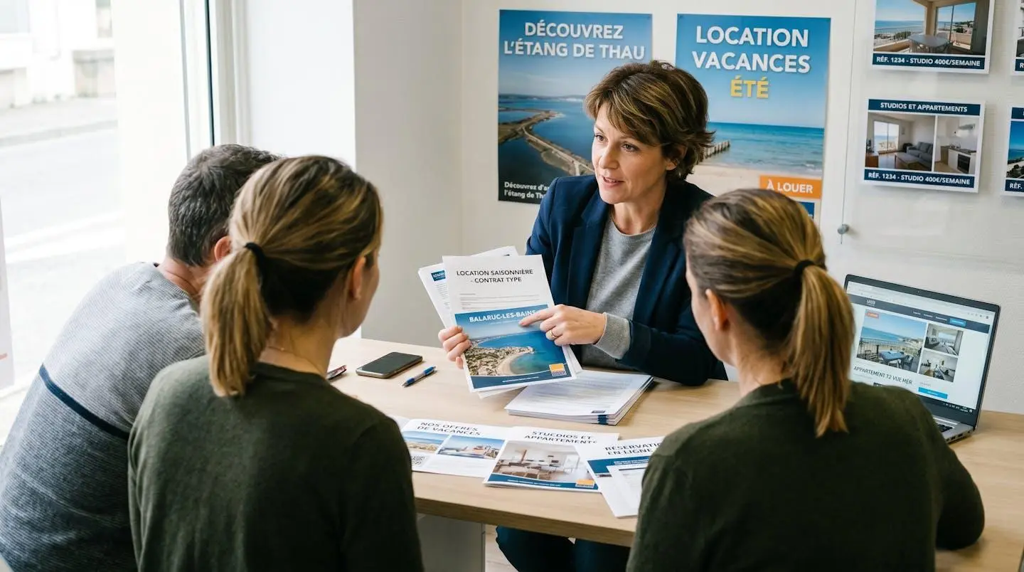 Conseillère immobilière dans une agence à Balaruc-les-Bains présentant des documents de location saisonnière à un couple de clients, bureau contemporain avec écran et brochures