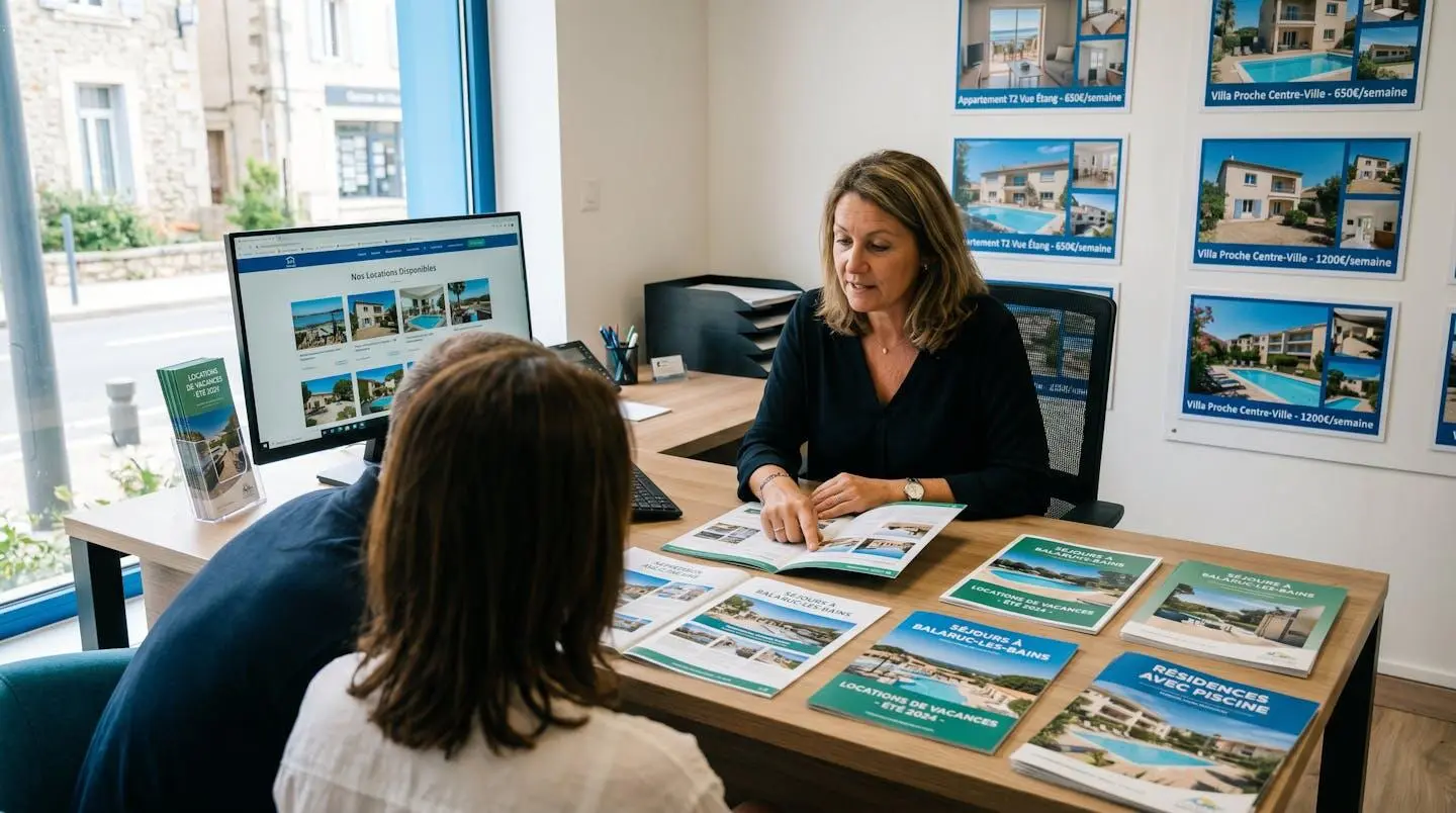 Conseillère immobilière dans une agence à Balaruc-les-Bains présentant des documents de location saisonnière à un couple de clients, bureau contemporain avec écran et brochures
