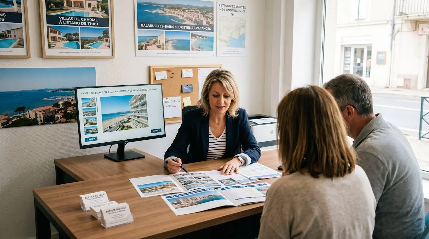 Conseillère immobilière dans une agence à Balaruc-les-Bains présentant des documents de location saisonnière à un couple de clients, bureau contemporain avec écran et brochures