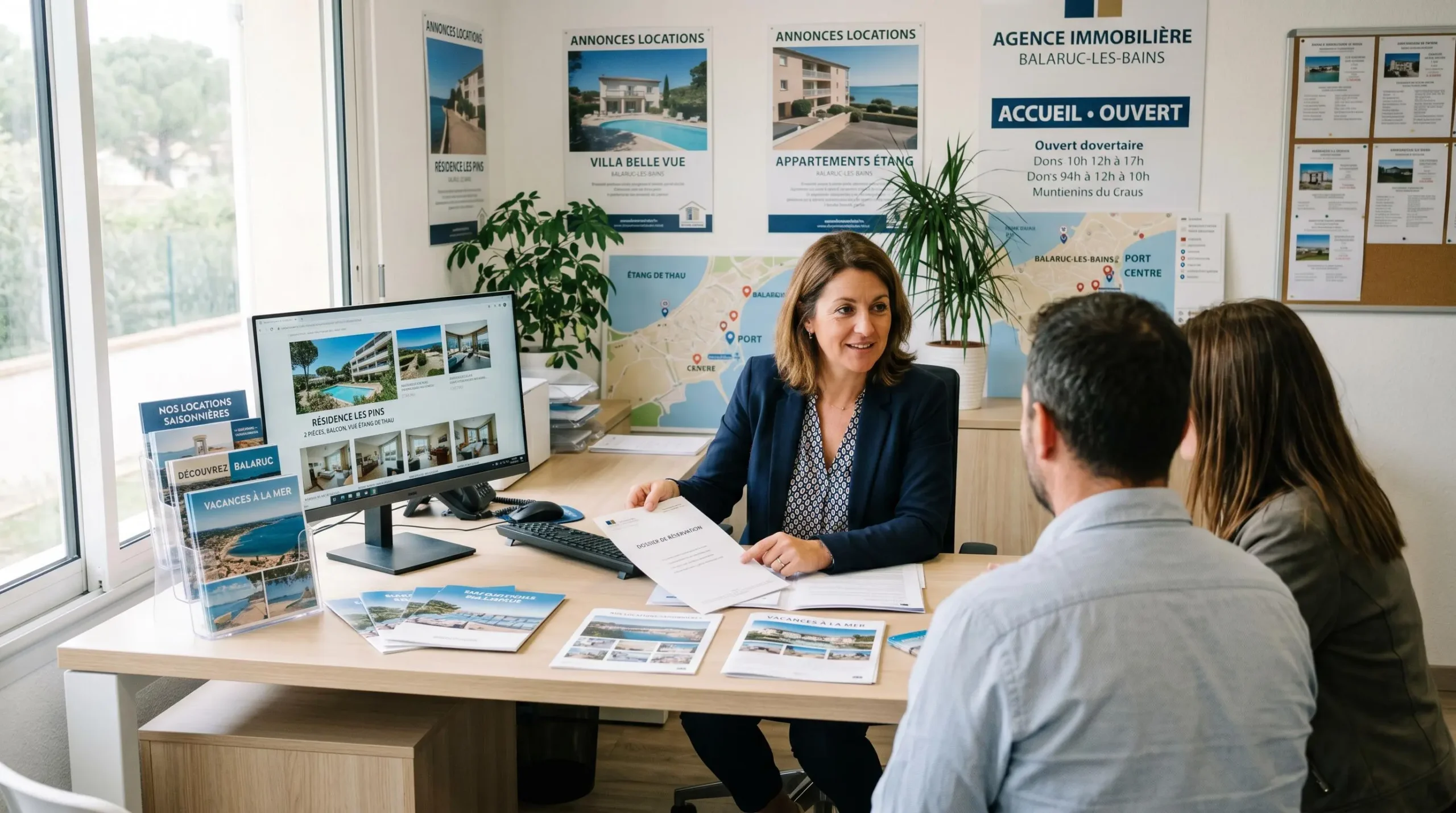 Conseillère immobilière dans une agence à Balaruc-les-Bains présentant des documents de location saisonnière à un couple de clients, bureau contemporain avec écran et brochures