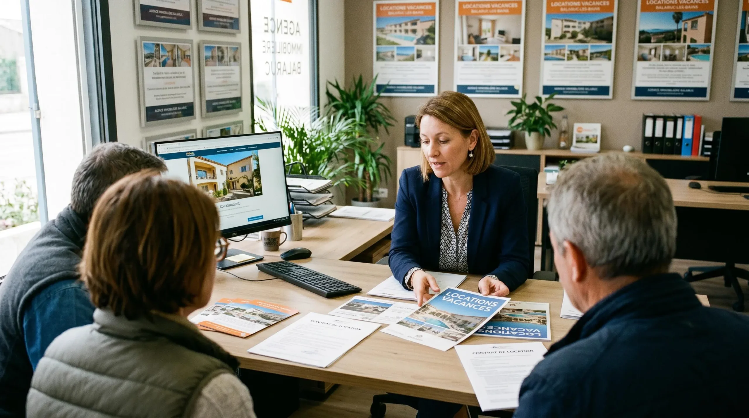Conseillère immobilière dans une agence à Balaruc-les-Bains présentant des documents de location saisonnière à un couple de clients, bureau contemporain avec écran et brochures