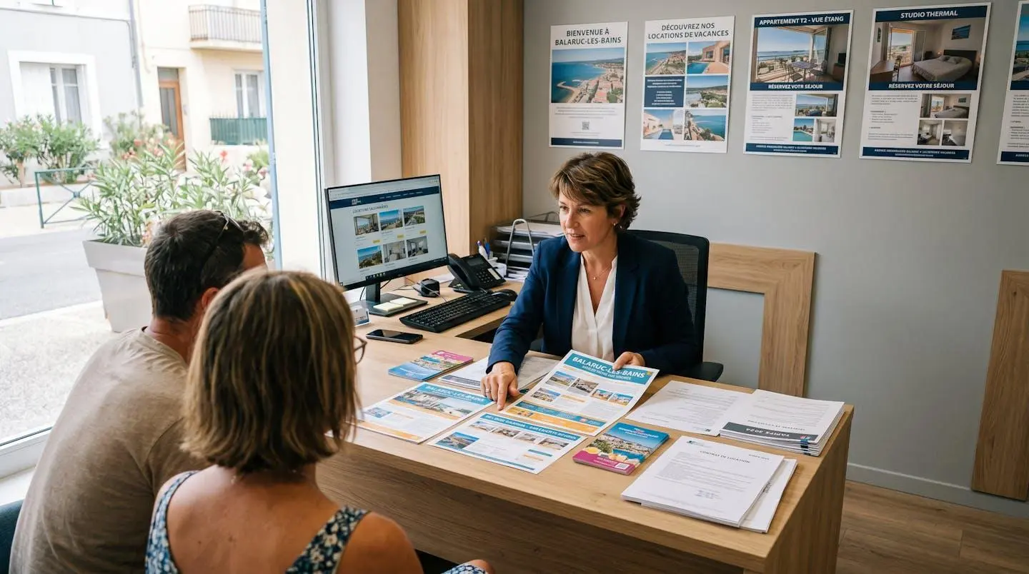 Conseillère immobilière dans une agence à Balaruc-les-Bains présentant des documents de location saisonnière à un couple de clients, bureau contemporain avec écran et brochures