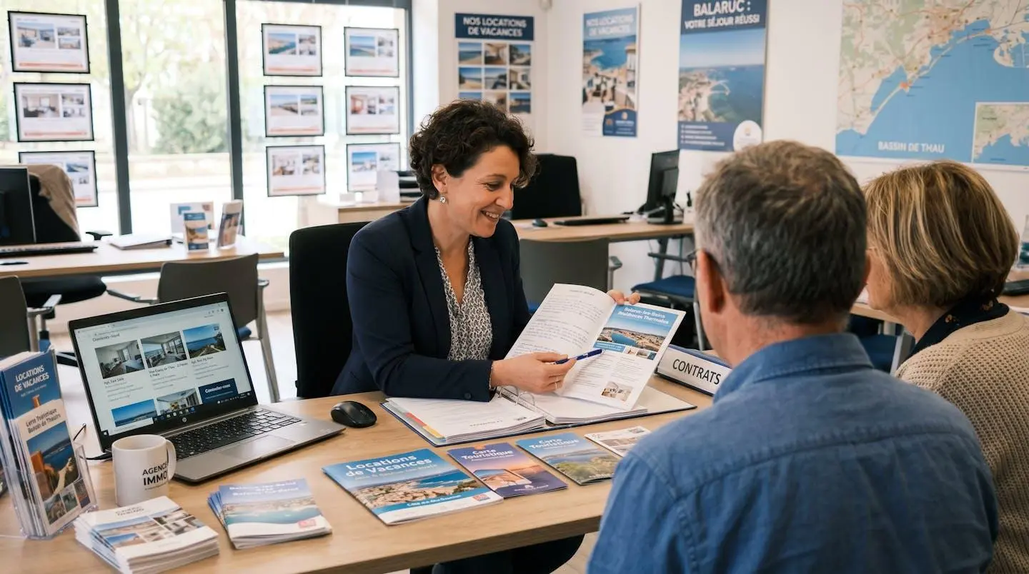 Conseillère immobilière dans une agence à Balaruc-les-Bains présentant des documents de location saisonnière à un couple de clients, bureau contemporain avec écran et brochures