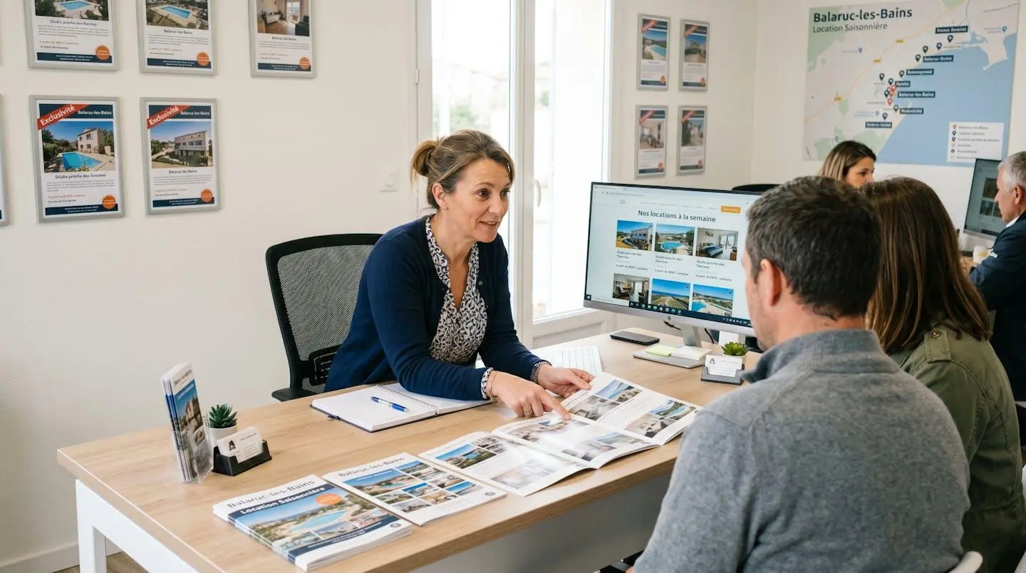 Conseillère immobilière dans une agence à Balaruc-les-Bains présentant des documents de location saisonnière à un couple de clients, bureau contemporain avec écran et brochures
