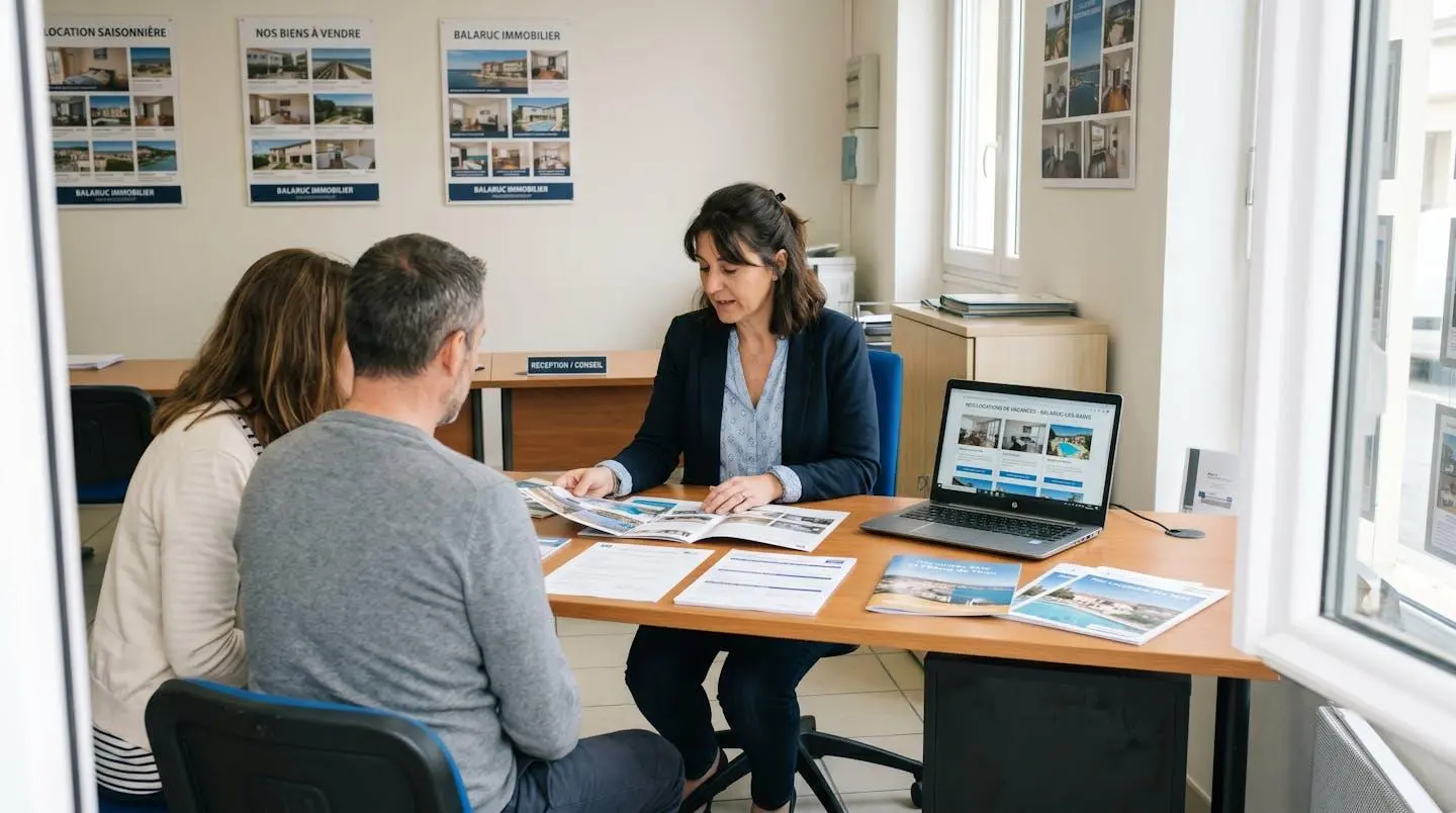 Conseillère immobilière dans une agence à Balaruc-les-Bains présentant des documents de location saisonnière à un couple de clients, bureau contemporain avec écran et brochures