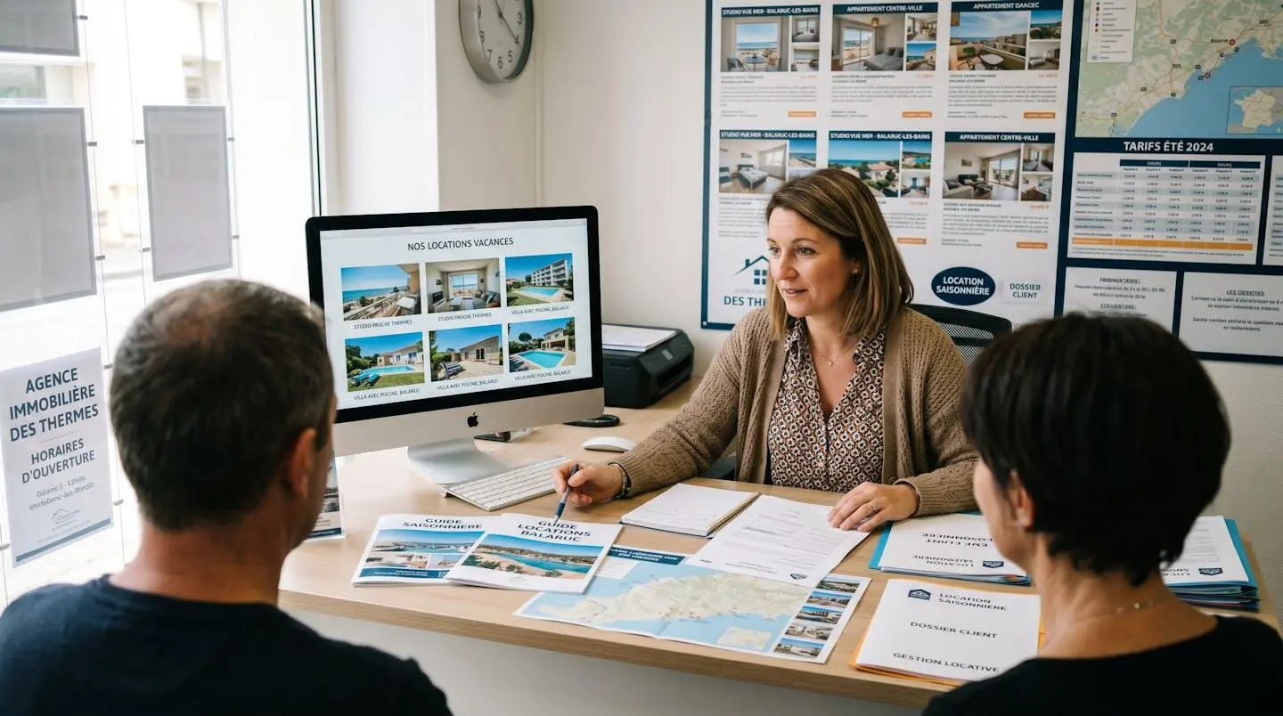 Conseillère immobilière dans une agence à Balaruc-les-Bains présentant des documents de location saisonnière à un couple de clients, bureau contemporain avec écran et brochures