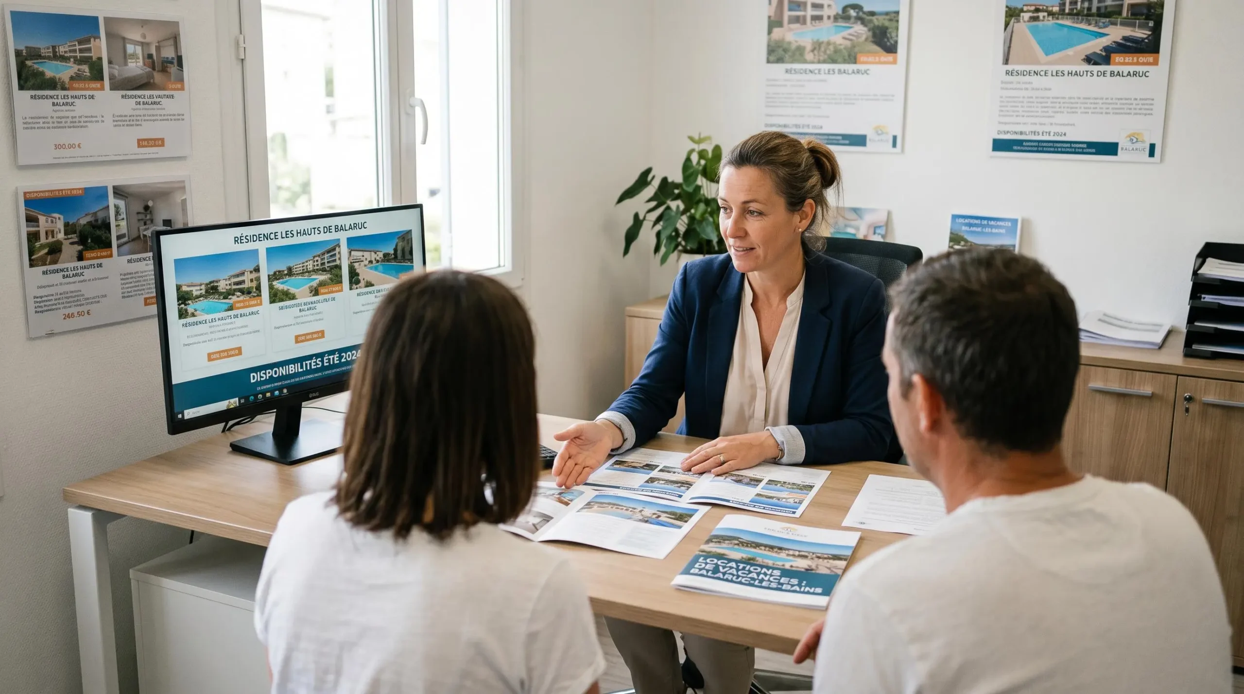 Conseillère immobilière dans une agence à Balaruc-les-Bains présentant des documents de location saisonnière à un couple de clients, bureau contemporain avec écran et brochures