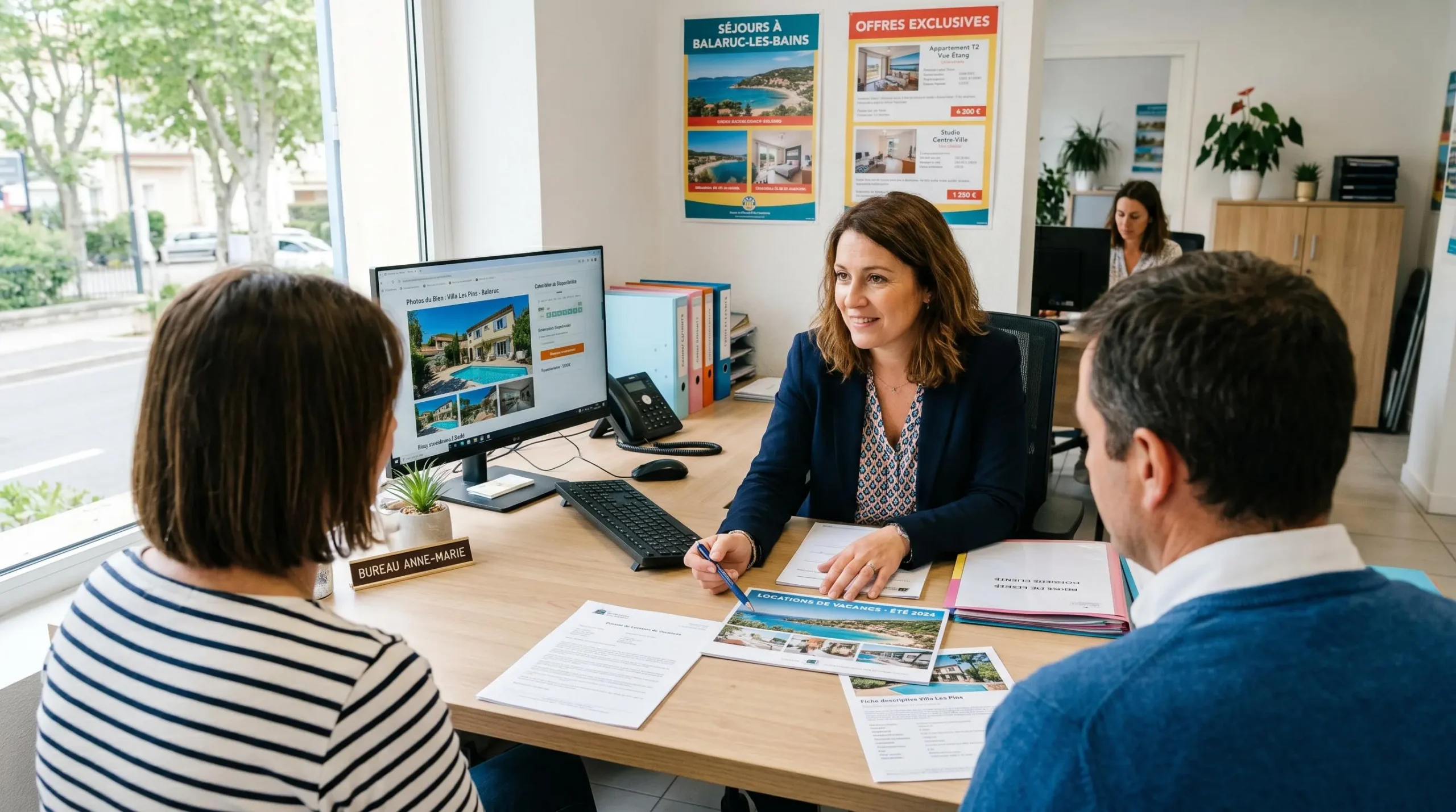 Conseillère immobilière dans une agence à Balaruc-les-Bains présentant des documents de location saisonnière à un couple de clients, bureau contemporain avec écran et brochures