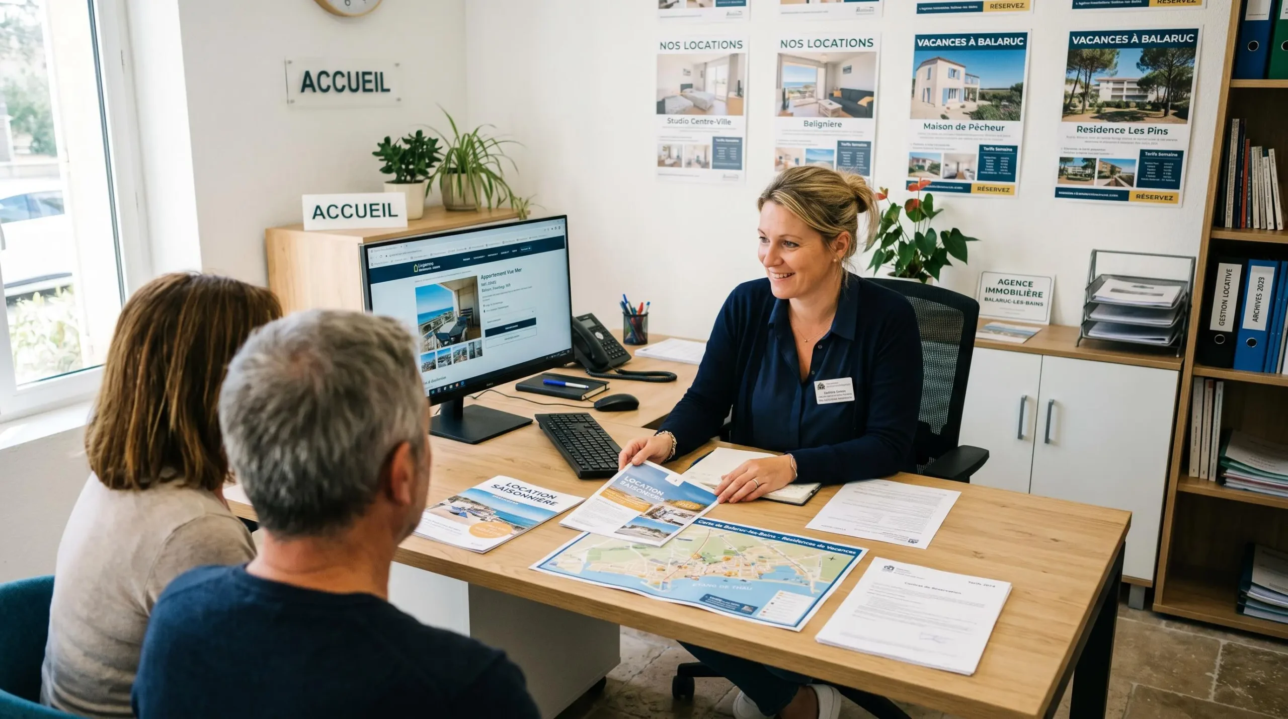Conseillère immobilière dans une agence à Balaruc-les-Bains présentant des documents de location saisonnière à un couple de clients, bureau contemporain avec écran et brochures