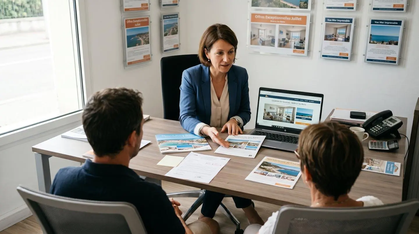 Conseillère immobilière dans une agence à Balaruc-les-Bains présentant des documents de location saisonnière à un couple de clients, bureau contemporain avec écran et brochures