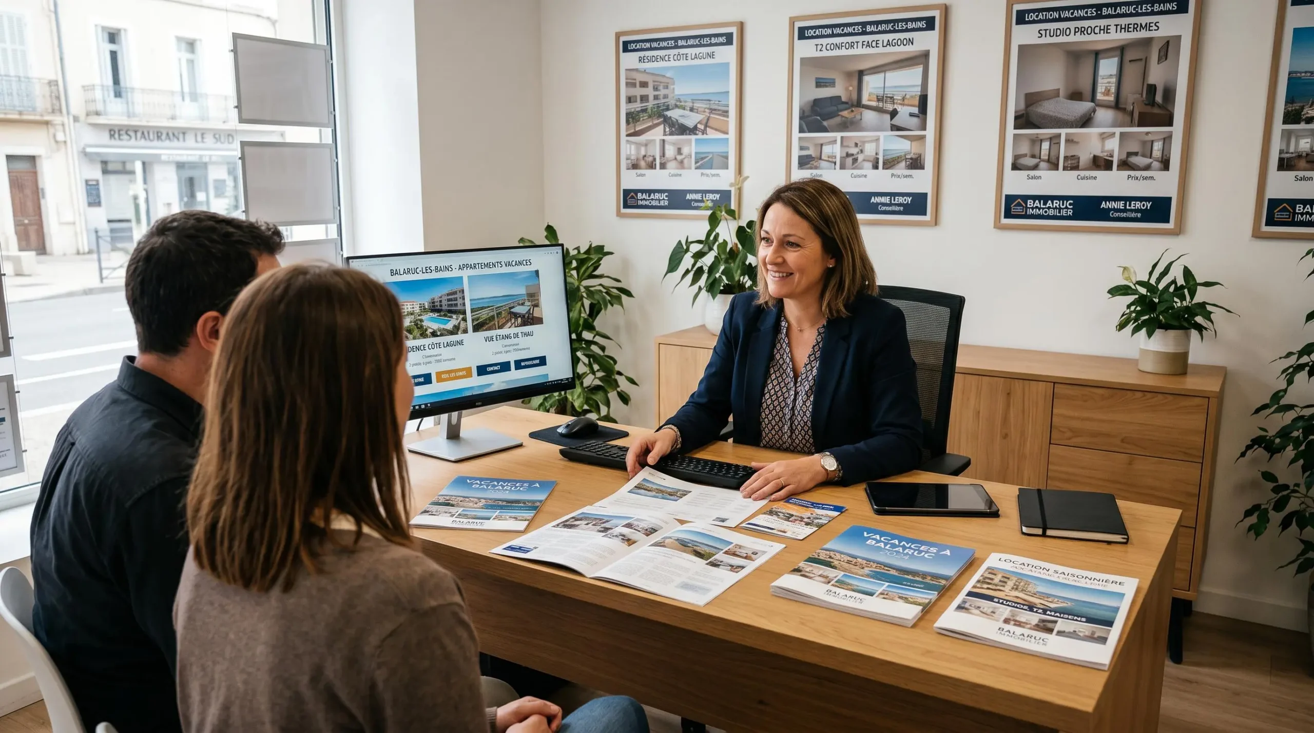 Conseillère immobilière dans une agence à Balaruc-les-Bains présentant des documents de location saisonnière à un couple de clients, bureau contemporain avec écran et brochures