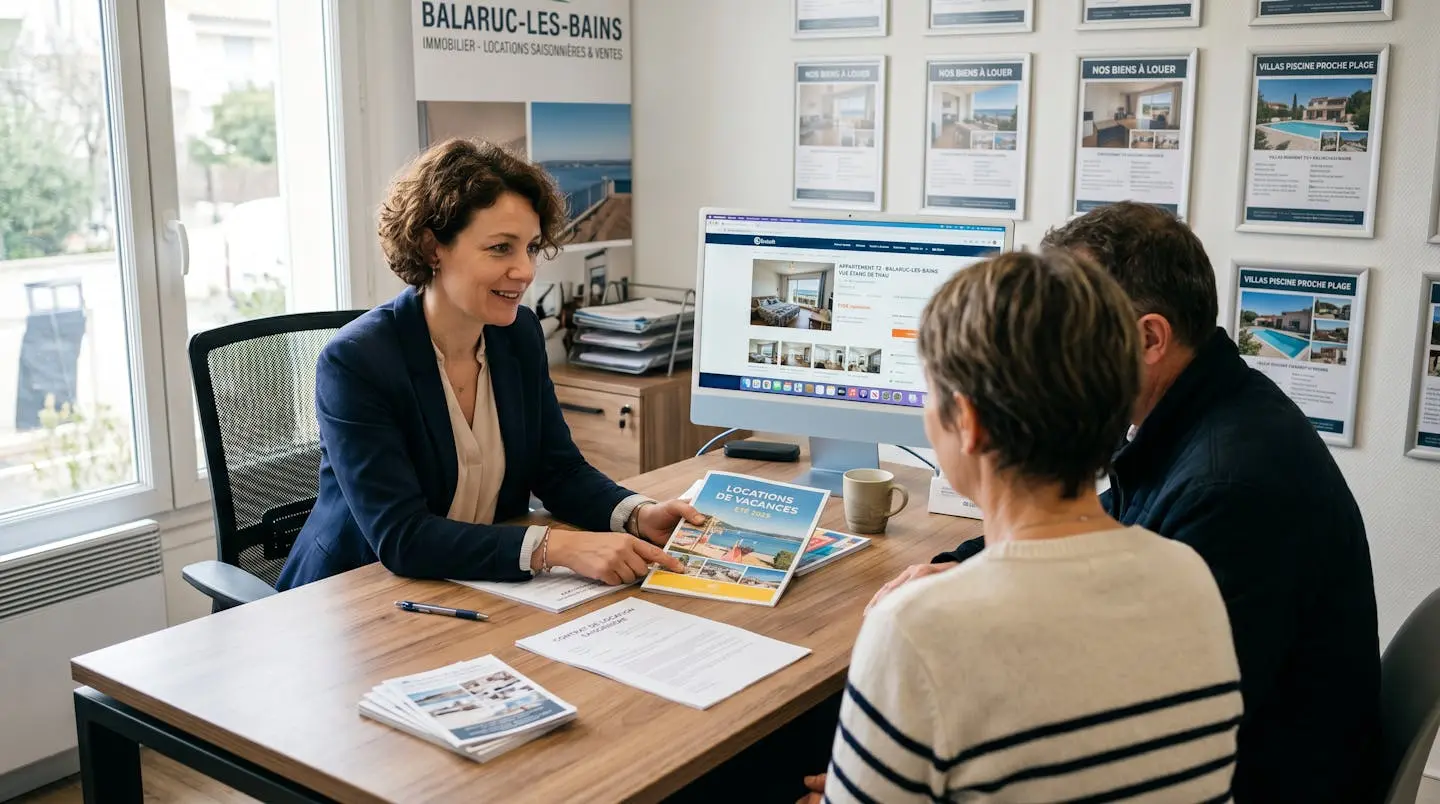 Conseillère immobilière dans une agence à Balaruc-les-Bains présentant des documents de location saisonnière à un couple de clients, bureau contemporain avec écran et brochures