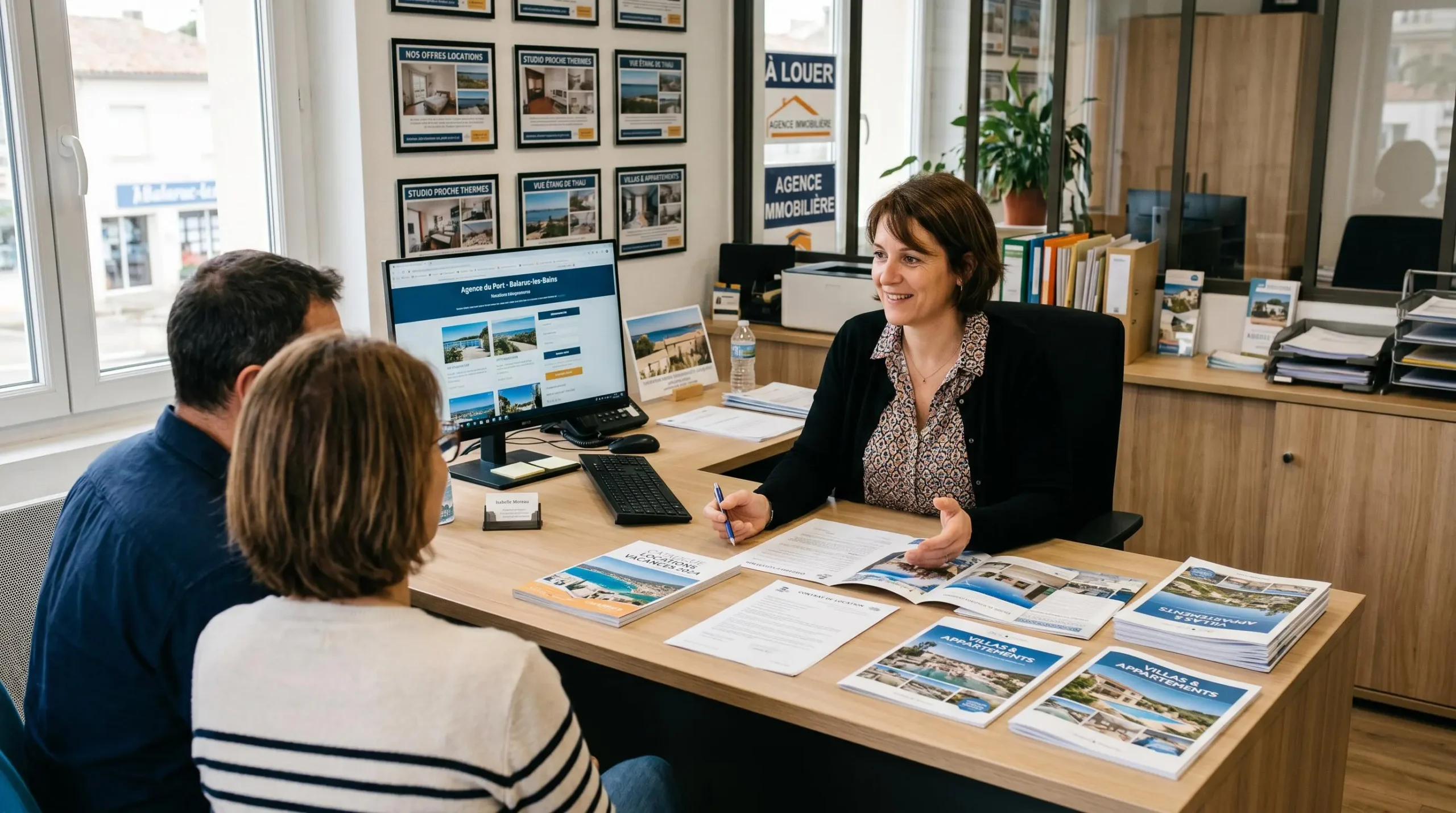 Conseillère immobilière dans une agence à Balaruc-les-Bains présentant des documents de location saisonnière à un couple de clients, bureau contemporain avec écran et brochures