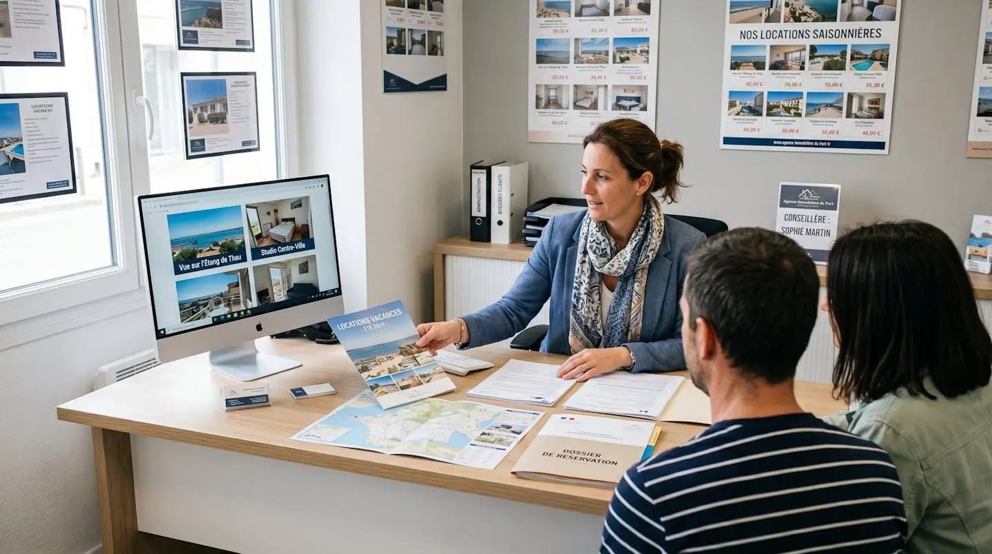 Conseillère immobilière dans une agence à Balaruc-les-Bains présentant des documents de location saisonnière à un couple de clients, bureau contemporain avec écran et brochures