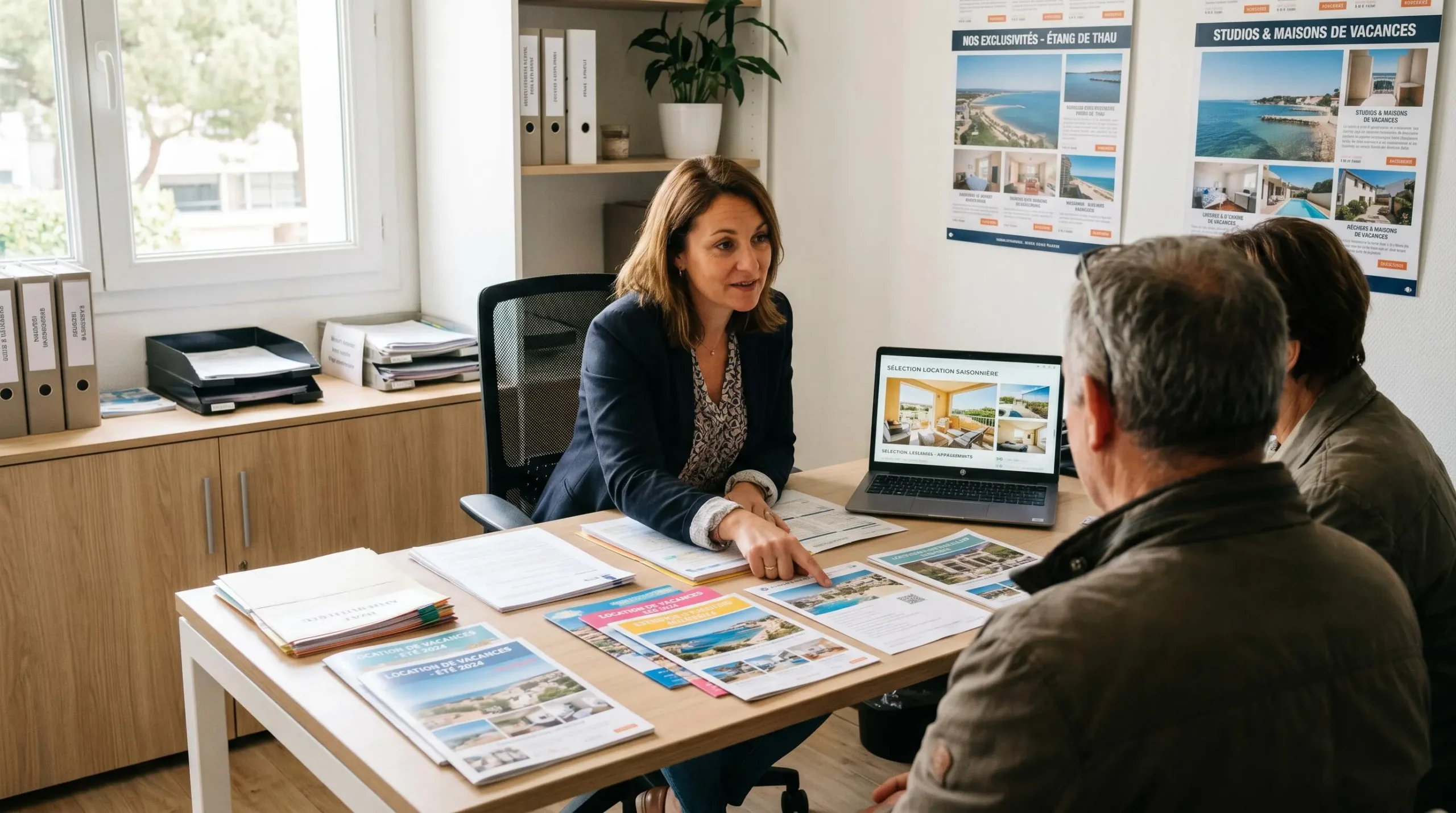 Conseillère immobilière dans une agence à Balaruc-les-Bains présentant des documents de location saisonnière à un couple de clients, bureau contemporain avec écran et brochures