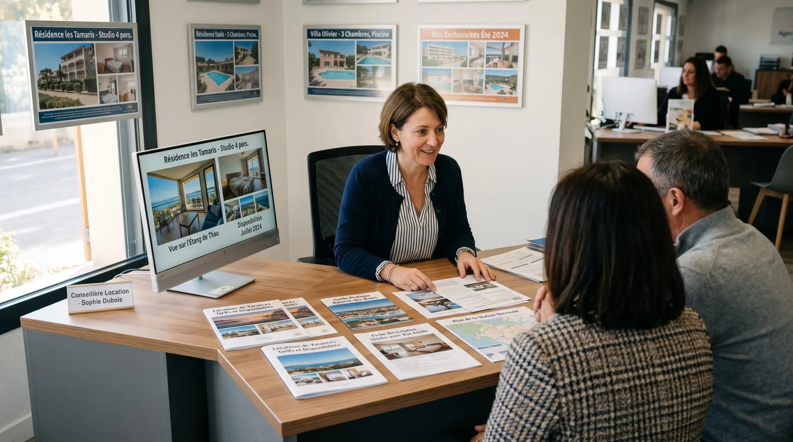 Conseillère immobilière dans une agence à Balaruc-les-Bains présentant des documents de location saisonnière à un couple de clients, bureau contemporain avec écran et brochures