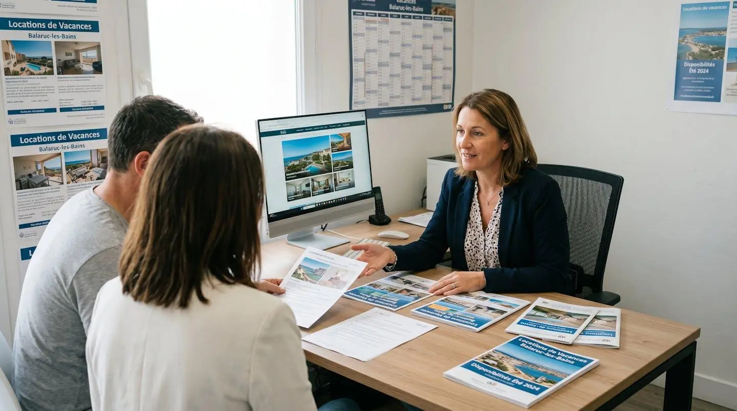 Conseillère immobilière dans une agence à Balaruc-les-Bains présentant des documents de location saisonnière à un couple de clients, bureau contemporain avec écran et brochures