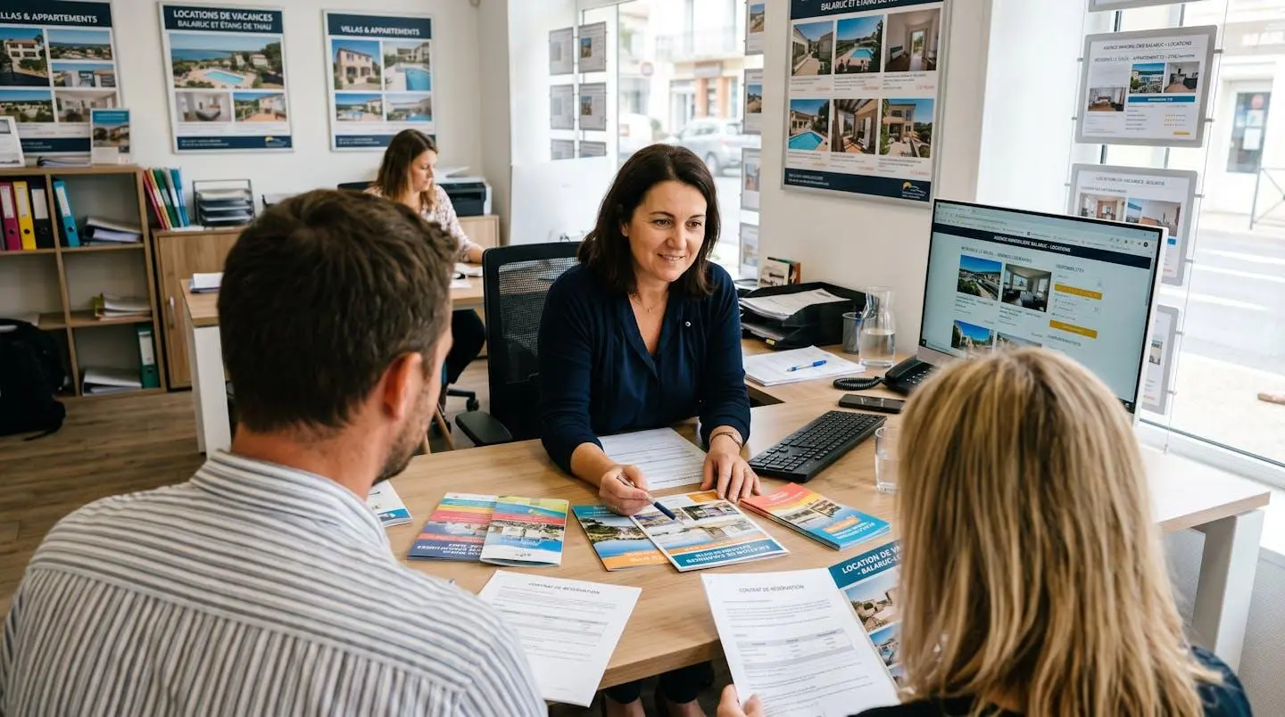 Conseillère immobilière dans une agence à Balaruc-les-Bains présentant des documents de location saisonnière à un couple de clients, bureau contemporain avec écran et brochures