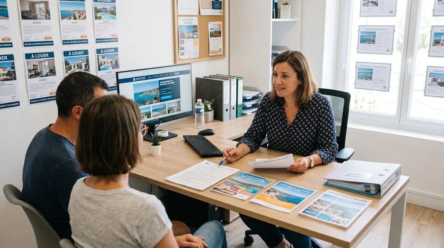 Conseillère immobilière dans une agence à Balaruc-les-Bains présentant des documents de location saisonnière à un couple de clients, bureau contemporain avec écran et brochures