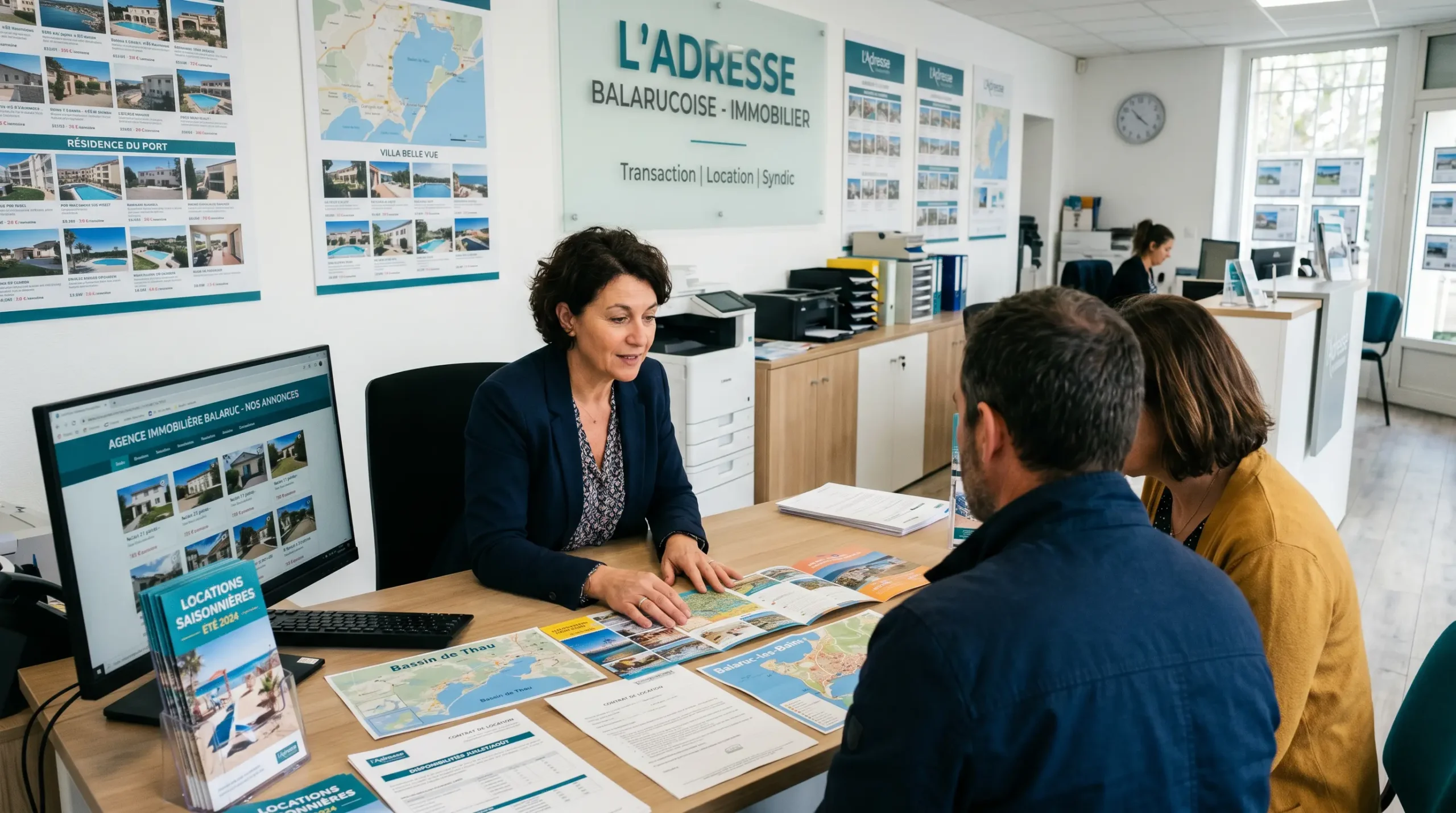 Conseillère immobilière dans une agence à Balaruc-les-Bains présentant des documents de location saisonnière à un couple de clients, bureau contemporain avec écran et brochures
