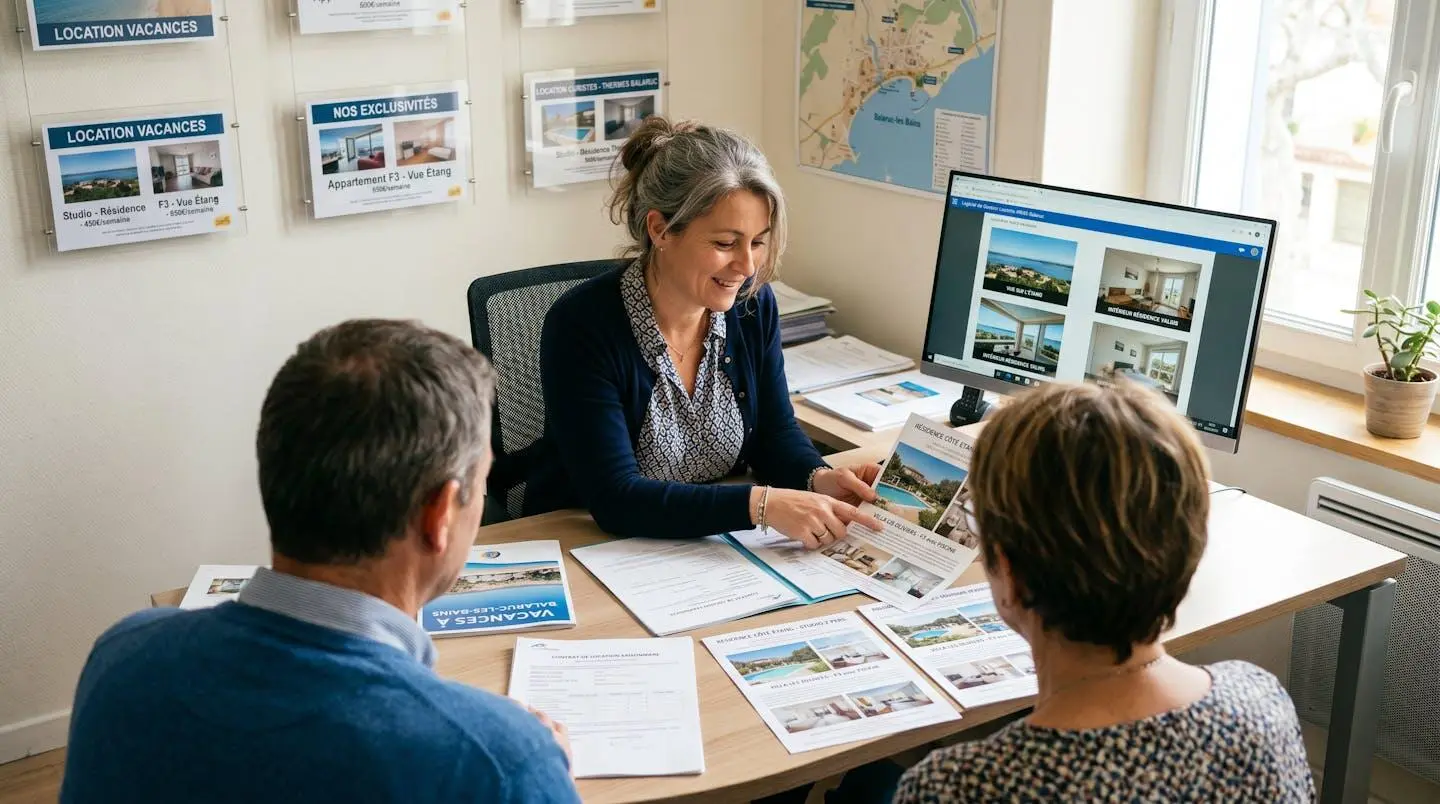 Conseillère immobilière dans une agence à Balaruc-les-Bains présentant des documents de location saisonnière à un couple de clients, bureau contemporain avec écran et brochures