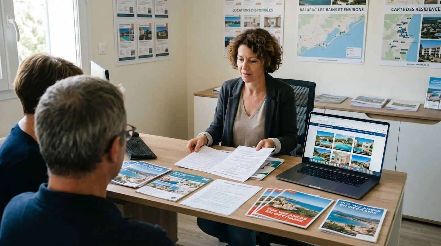 Conseillère immobilière dans une agence à Balaruc-les-Bains présentant des documents de location saisonnière à un couple de clients, bureau contemporain avec écran et brochures