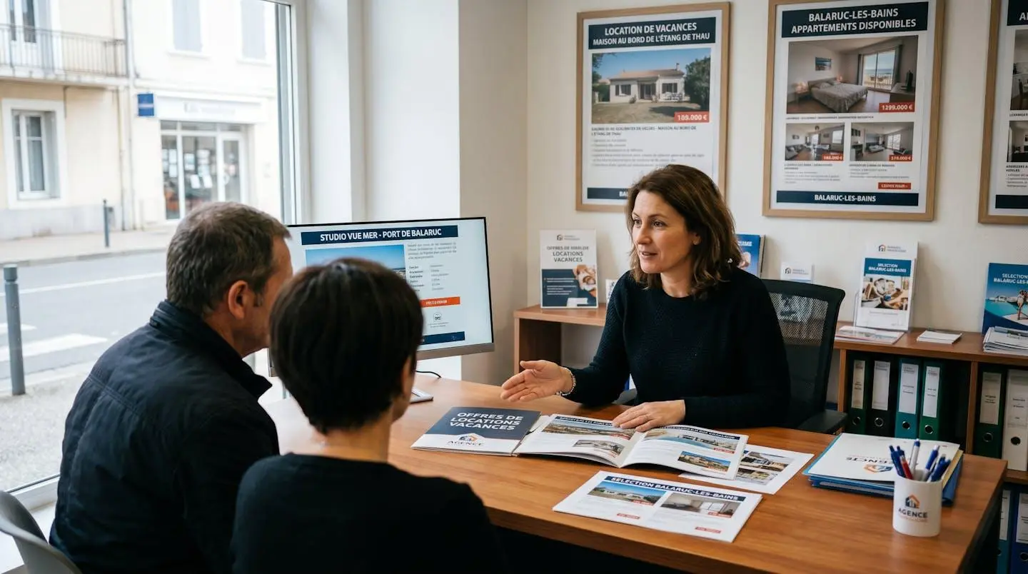 Conseillère immobilière dans une agence à Balaruc-les-Bains présentant des documents de location saisonnière à un couple de clients, bureau contemporain avec écran et brochures