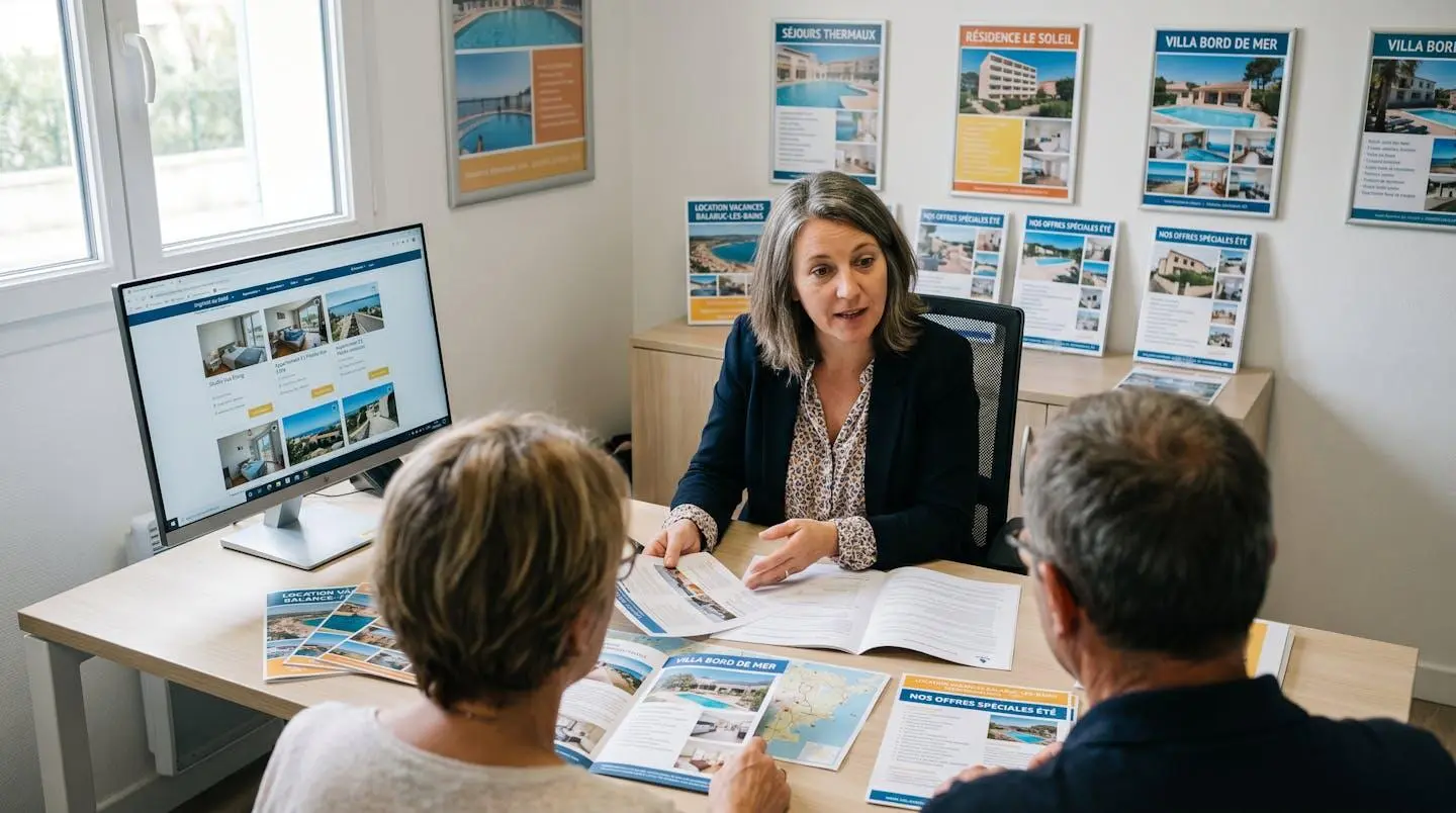 Conseillère immobilière dans une agence à Balaruc-les-Bains présentant des documents de location saisonnière à un couple de clients, bureau contemporain avec écran et brochures
