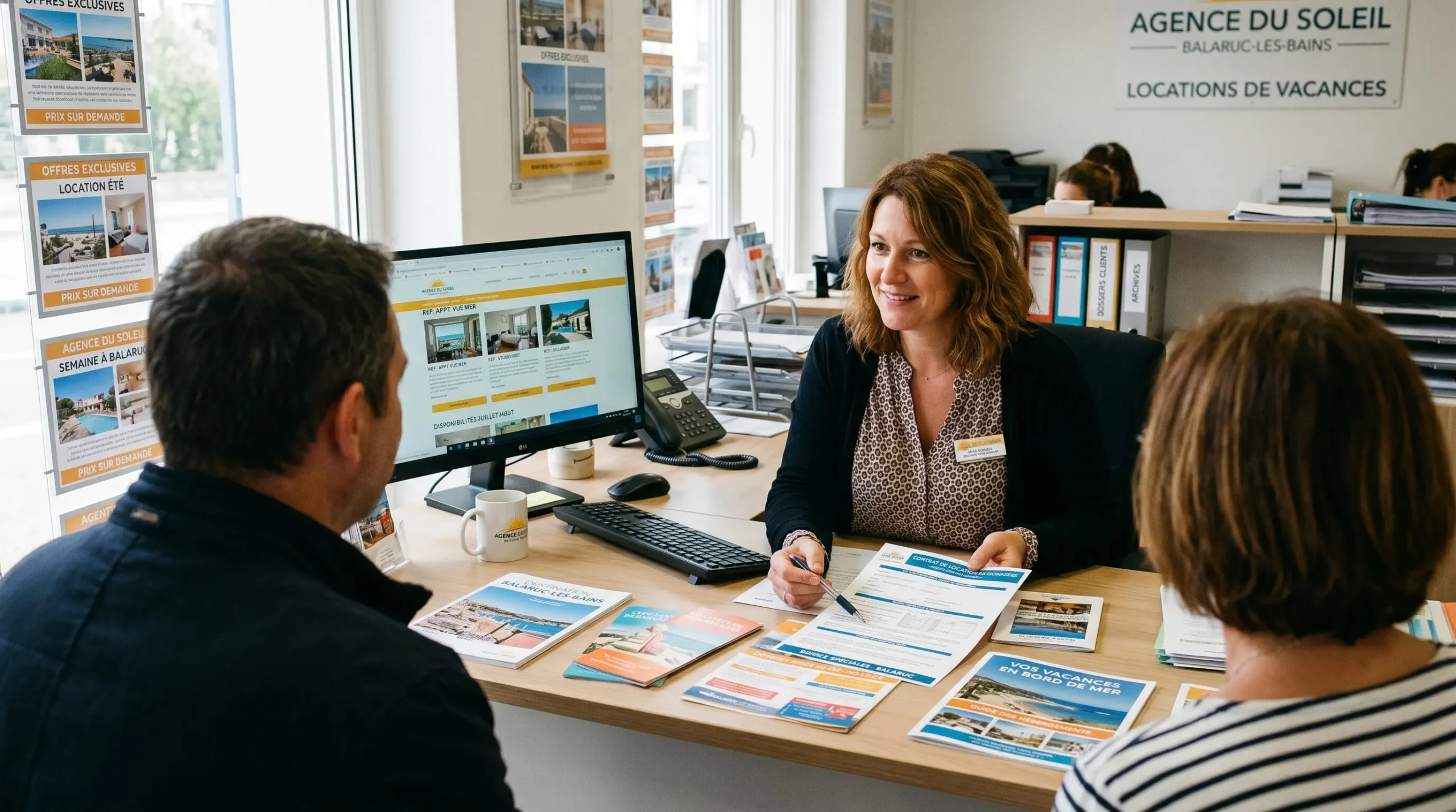 Conseillère immobilière dans une agence à Balaruc-les-Bains présentant des documents de location saisonnière à un couple de clients, bureau contemporain avec écran et brochures