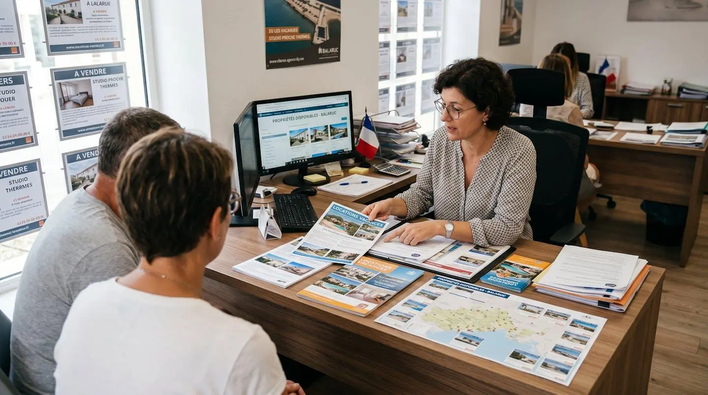 Conseillère immobilière dans une agence à Balaruc-les-Bains présentant des documents de location saisonnière à un couple de clients, bureau contemporain avec écran et brochures