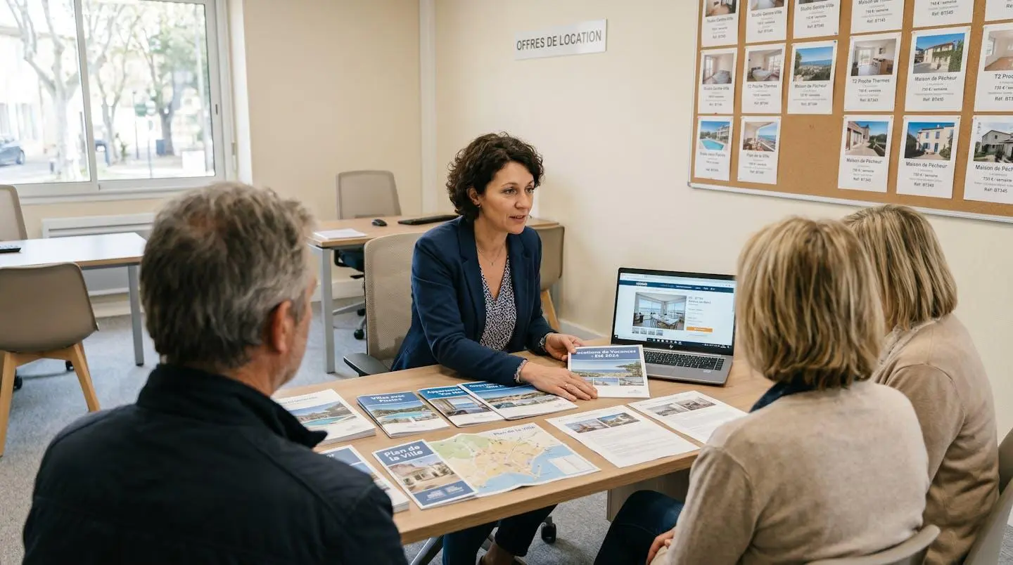 Conseillère immobilière dans une agence à Balaruc-les-Bains présentant des documents de location saisonnière à un couple de clients, bureau contemporain avec écran et brochures