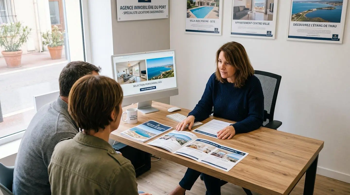 Conseillère immobilière dans une agence à Balaruc-les-Bains présentant des documents de location saisonnière à un couple de clients, bureau contemporain avec écran et brochures