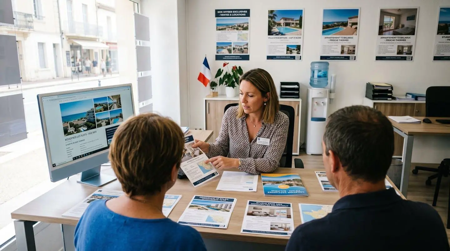 Conseillère immobilière dans une agence à Balaruc-les-Bains présentant des documents de location saisonnière à un couple de clients, bureau contemporain avec écran et brochures