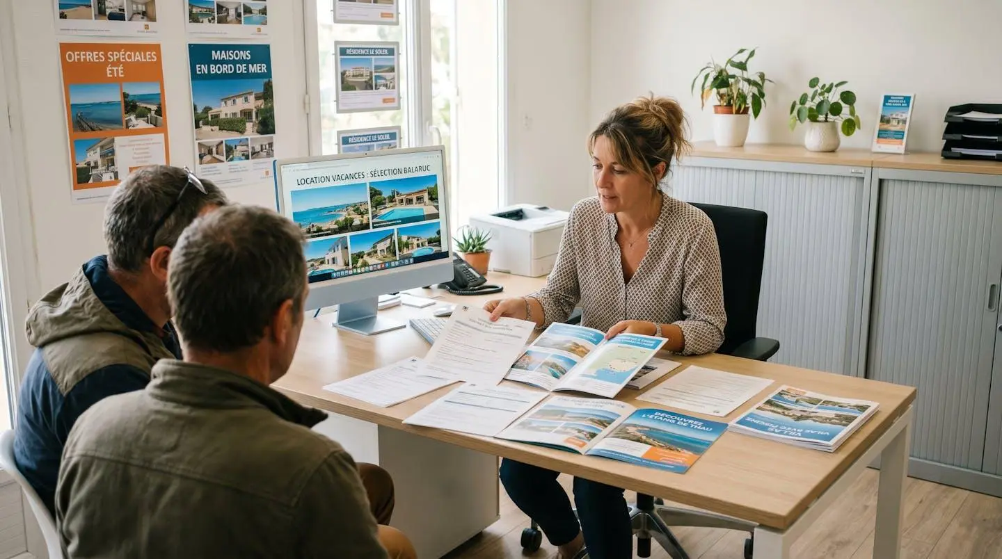 Conseillère immobilière dans une agence à Balaruc-les-Bains présentant des documents de location saisonnière à un couple de clients, bureau contemporain avec écran et brochures