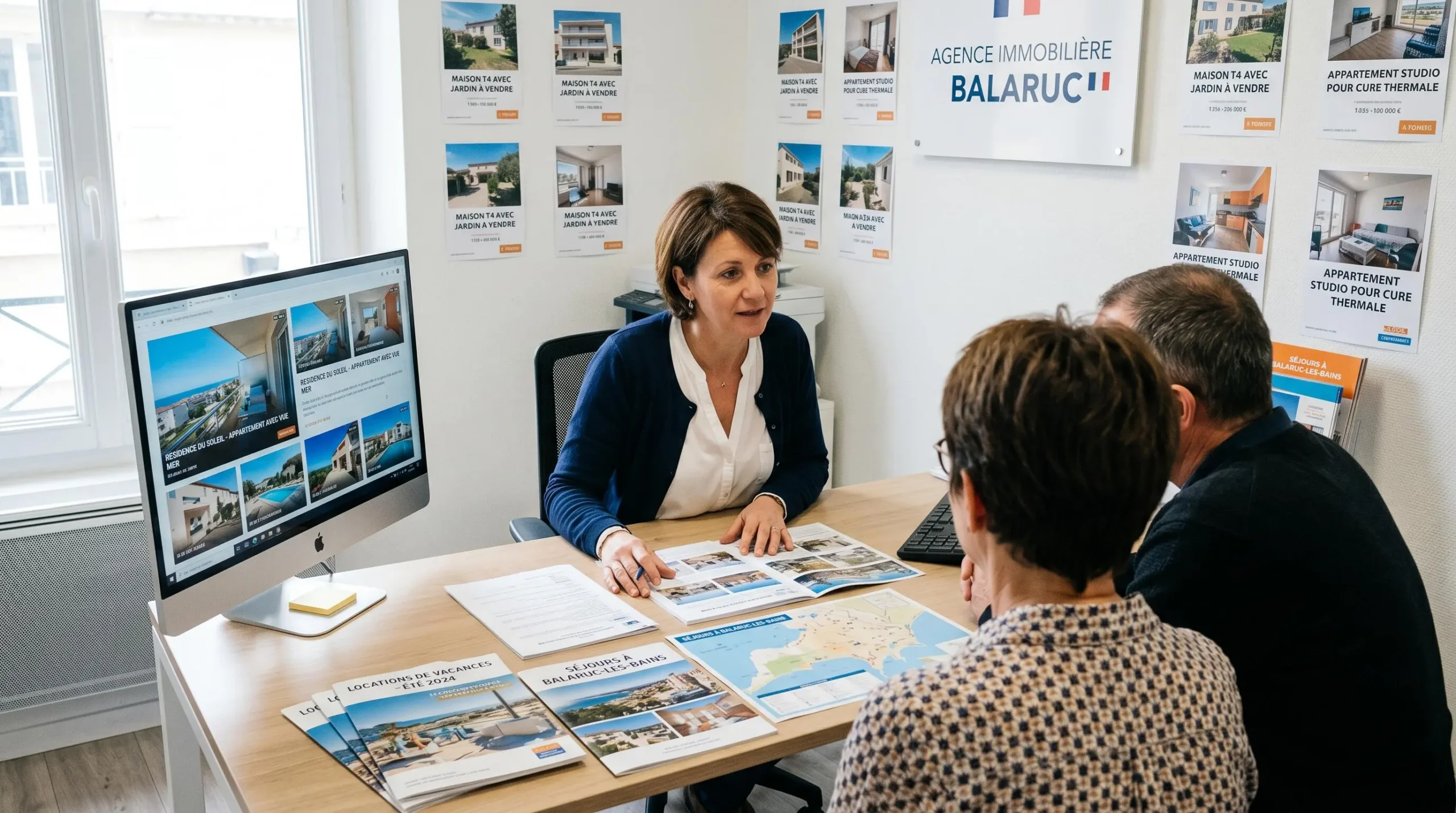 Conseillère immobilière dans une agence à Balaruc-les-Bains présentant des documents de location saisonnière à un couple de clients, bureau contemporain avec écran et brochures