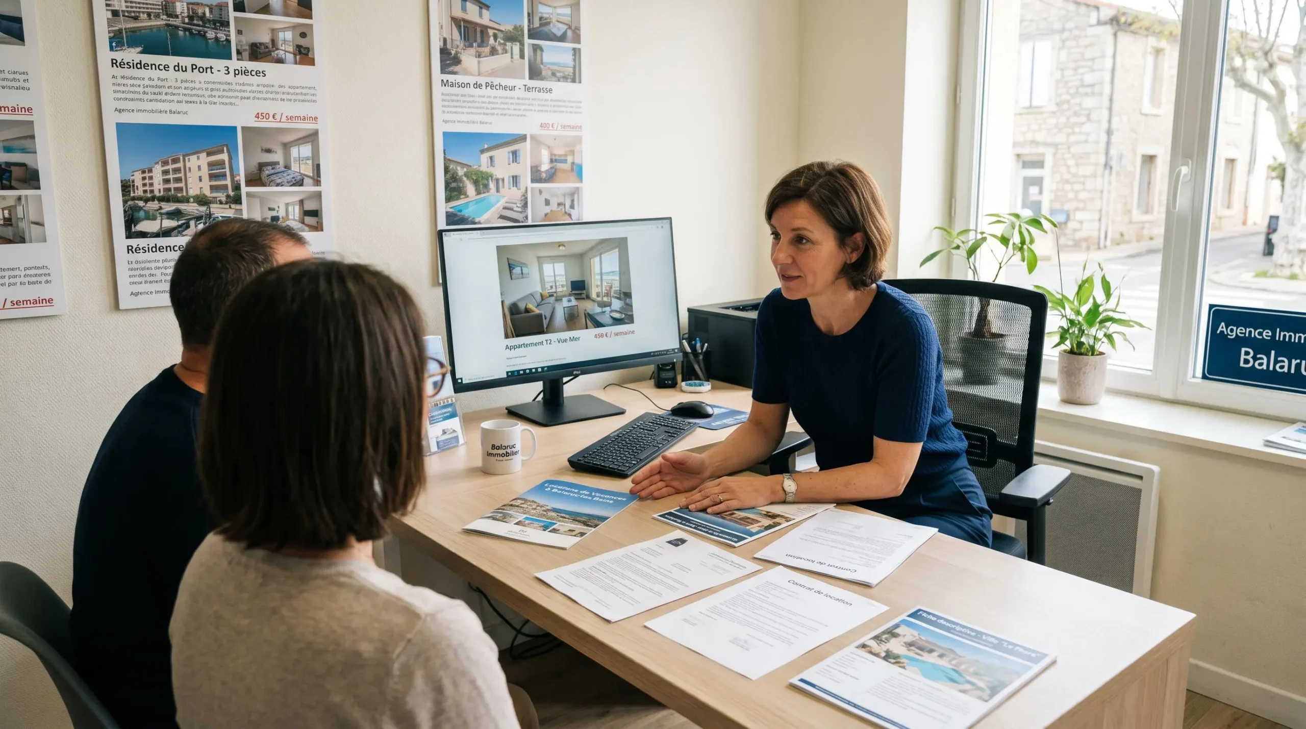 Conseillère immobilière dans une agence à Balaruc-les-Bains présentant des documents de location saisonnière à un couple de clients, bureau contemporain avec écran et brochures