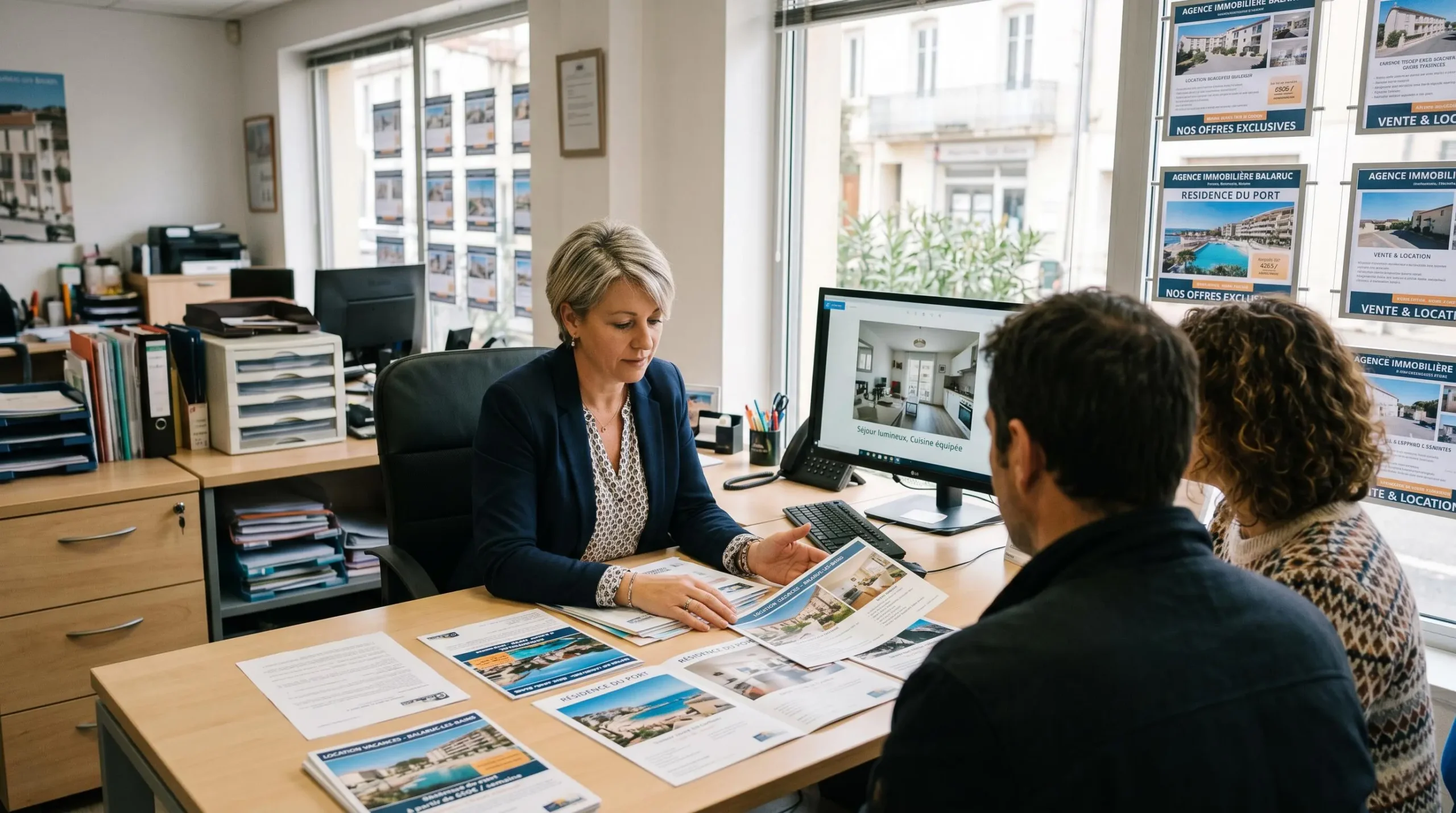 Conseillère immobilière dans une agence à Balaruc-les-Bains présentant des documents de location saisonnière à un couple de clients, bureau contemporain avec écran et brochures