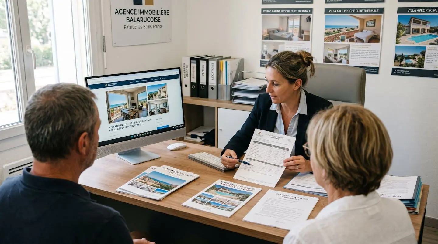 Conseillère immobilière dans une agence à Balaruc-les-Bains présentant des documents de location saisonnière à un couple de clients, bureau contemporain avec écran et brochures